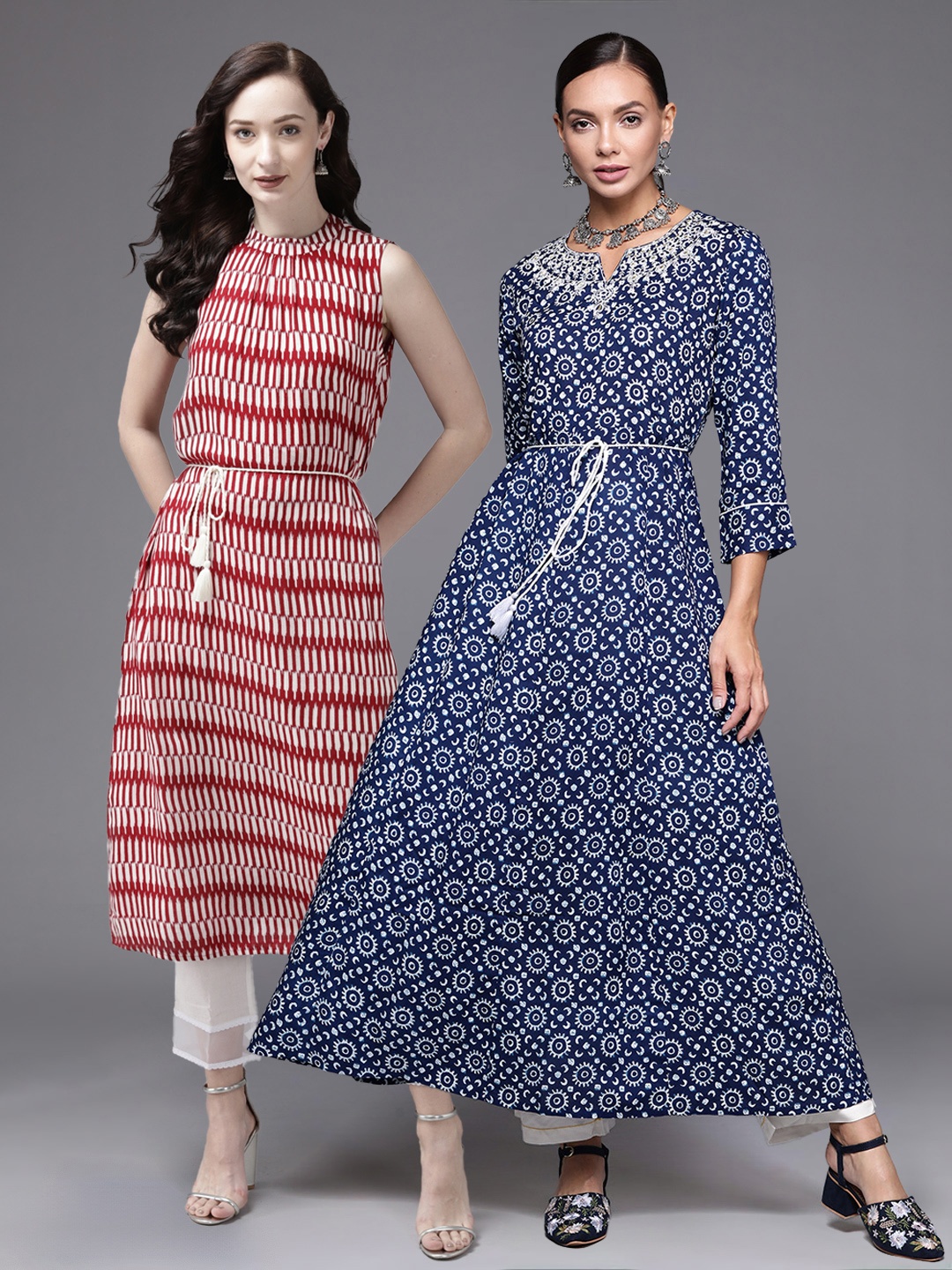 

Indo Era Pack Of 2 Floral Printed Notch Neck A-line Kurta, Navy blue