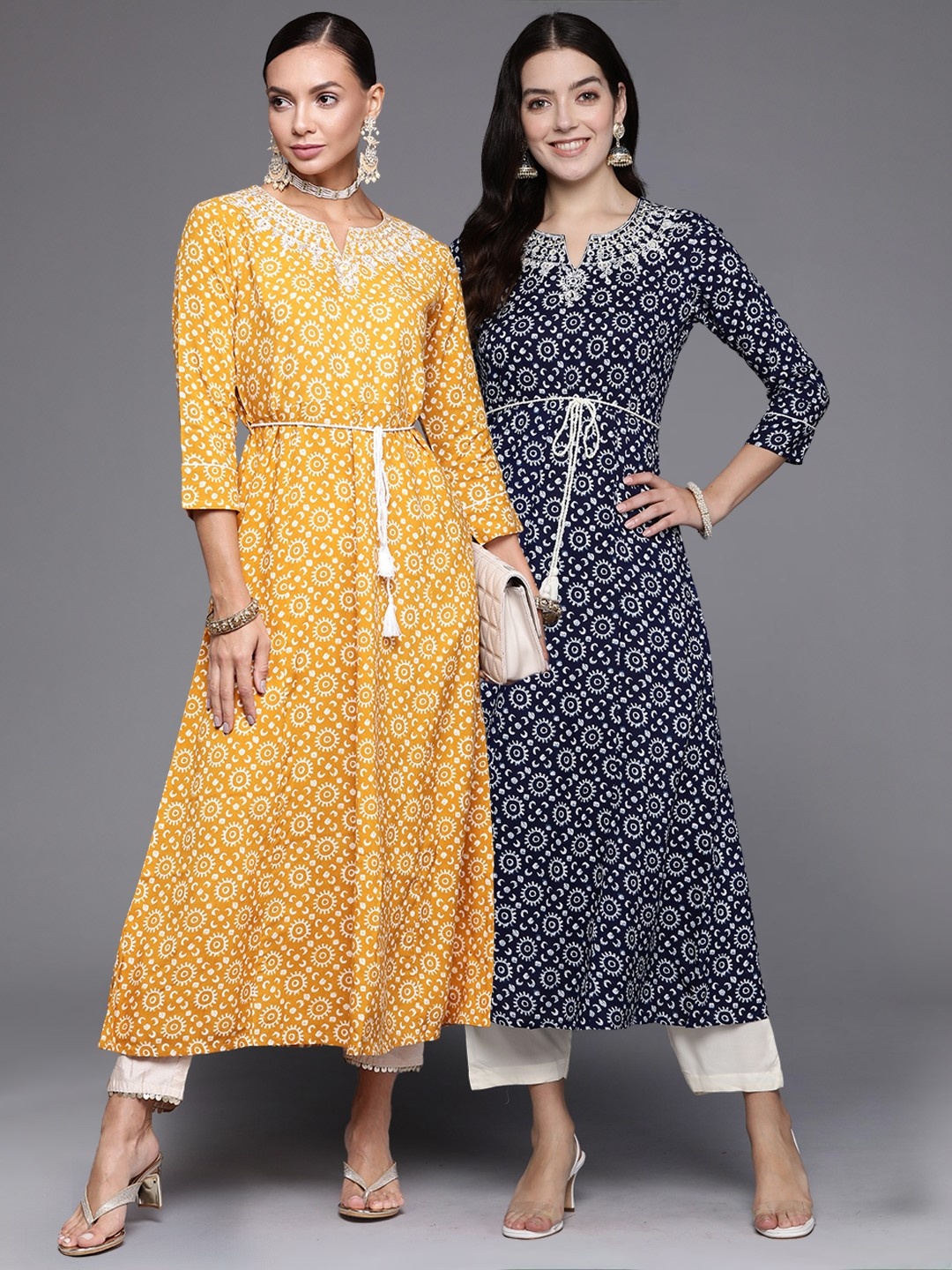 

Indo Era Pack Of 2 Floral Printed Notch Neck A-Line Kurta, Mustard
