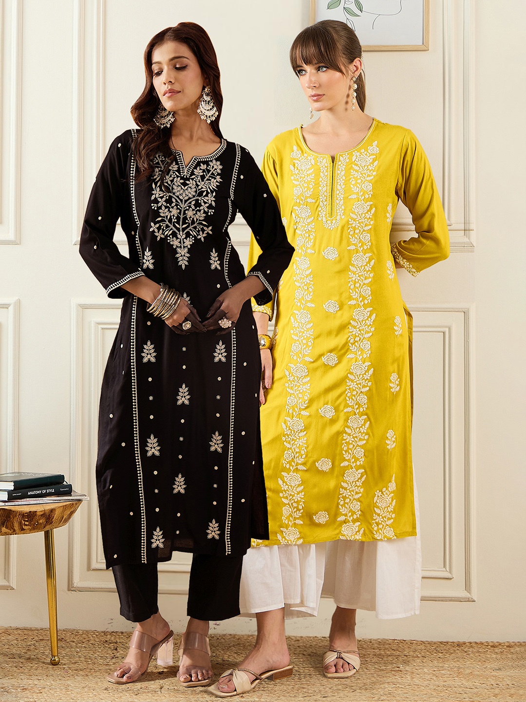 

Indo Era Pack Of 2 Floral Embroidered Notch Neck Straight Kurta, Black