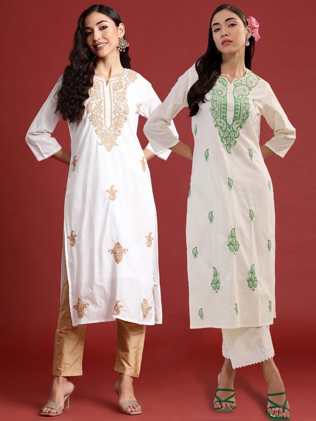 

Indo Era Pack of 2 Ethnic Motifs Embroidered Thread Work Straight Pure Cotton Kurta, White