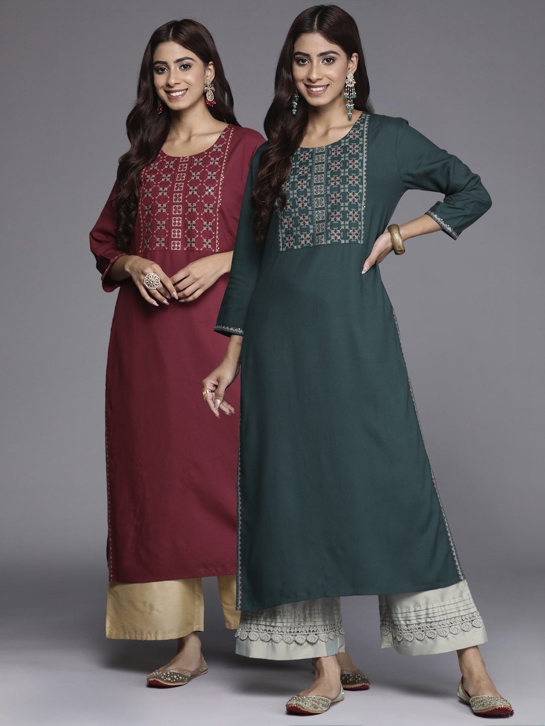 

Indo Era Pack Of 2 Women Embroidered Thread Work Kurta, Maroon
