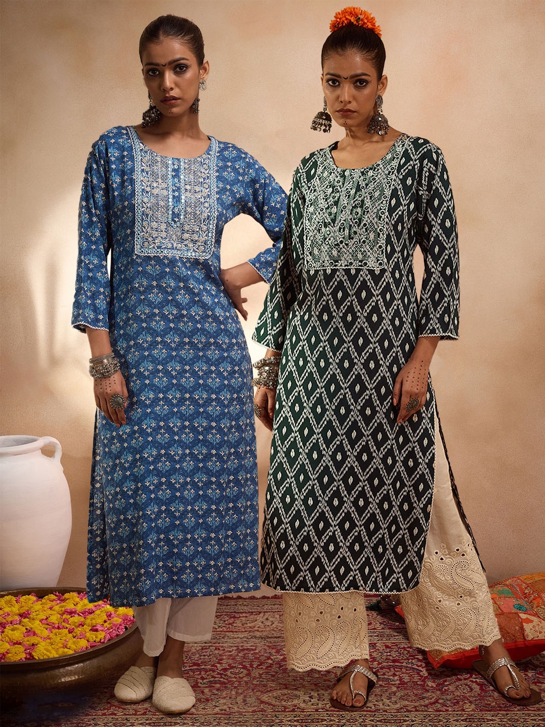 

Indo Era Pack of 2 Ethnic Motifs Printed Embroidered Mirror Work Floral Kurta, Blue