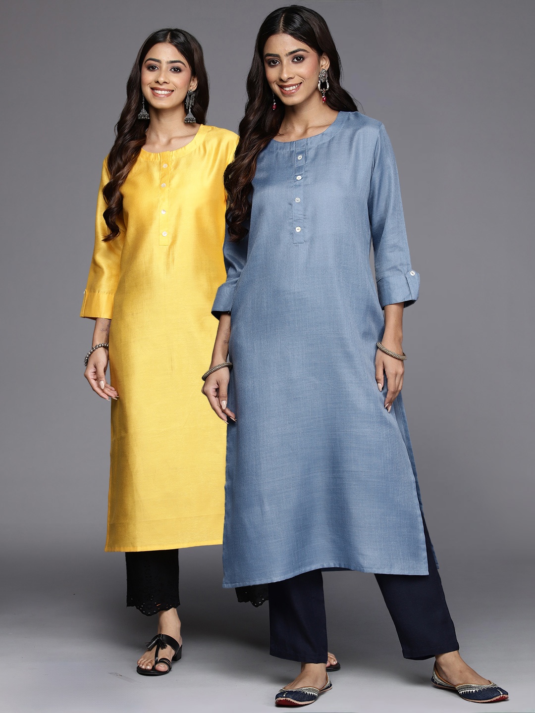 

Indo Era Pack Of 2 Solid Straight Liva Kurta, Yellow