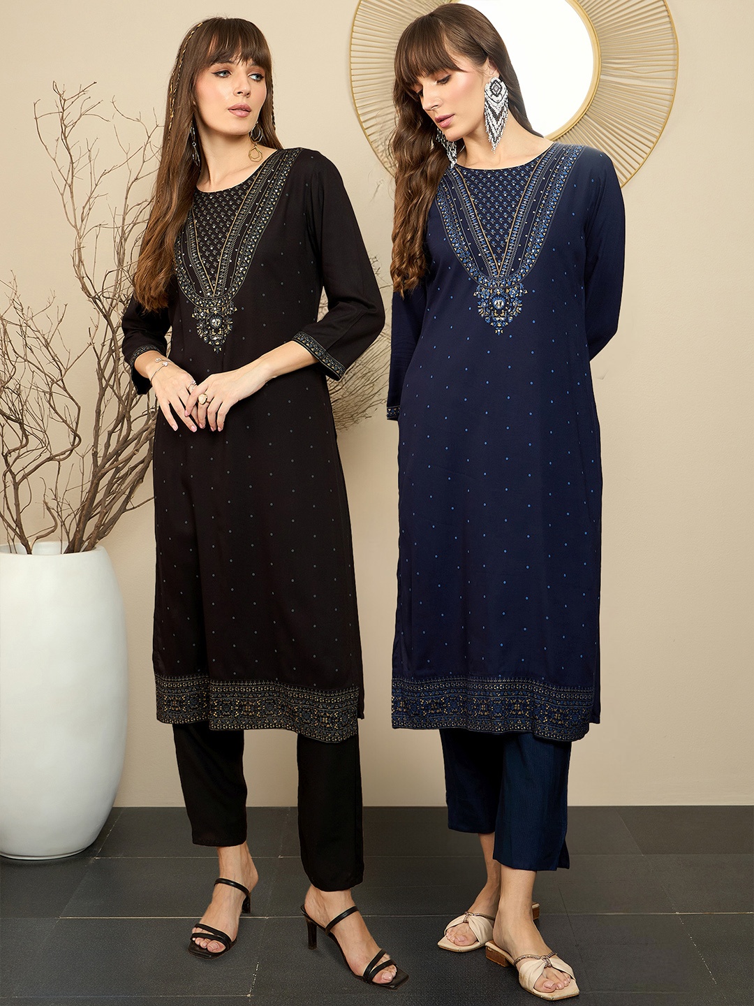 

Indo Era Pack of 2 Polka Dot Printed Straight Kurta, Blue