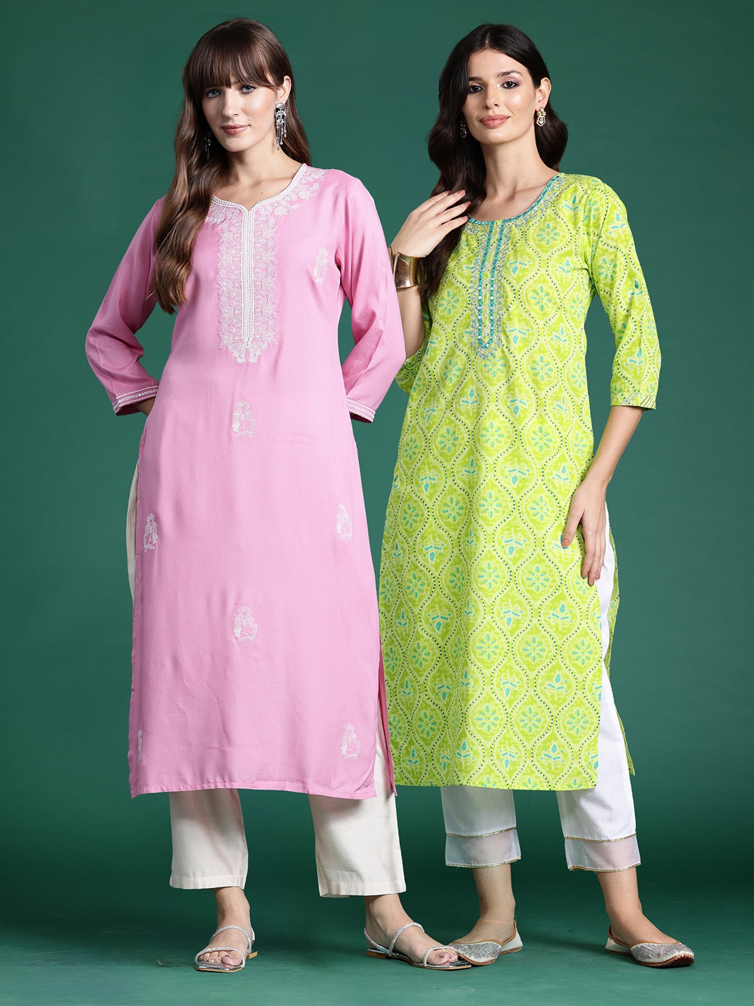 

Indo Era Pack Of 2 Ethnic Motifs Embroidered Thread Work Kurta, Pink