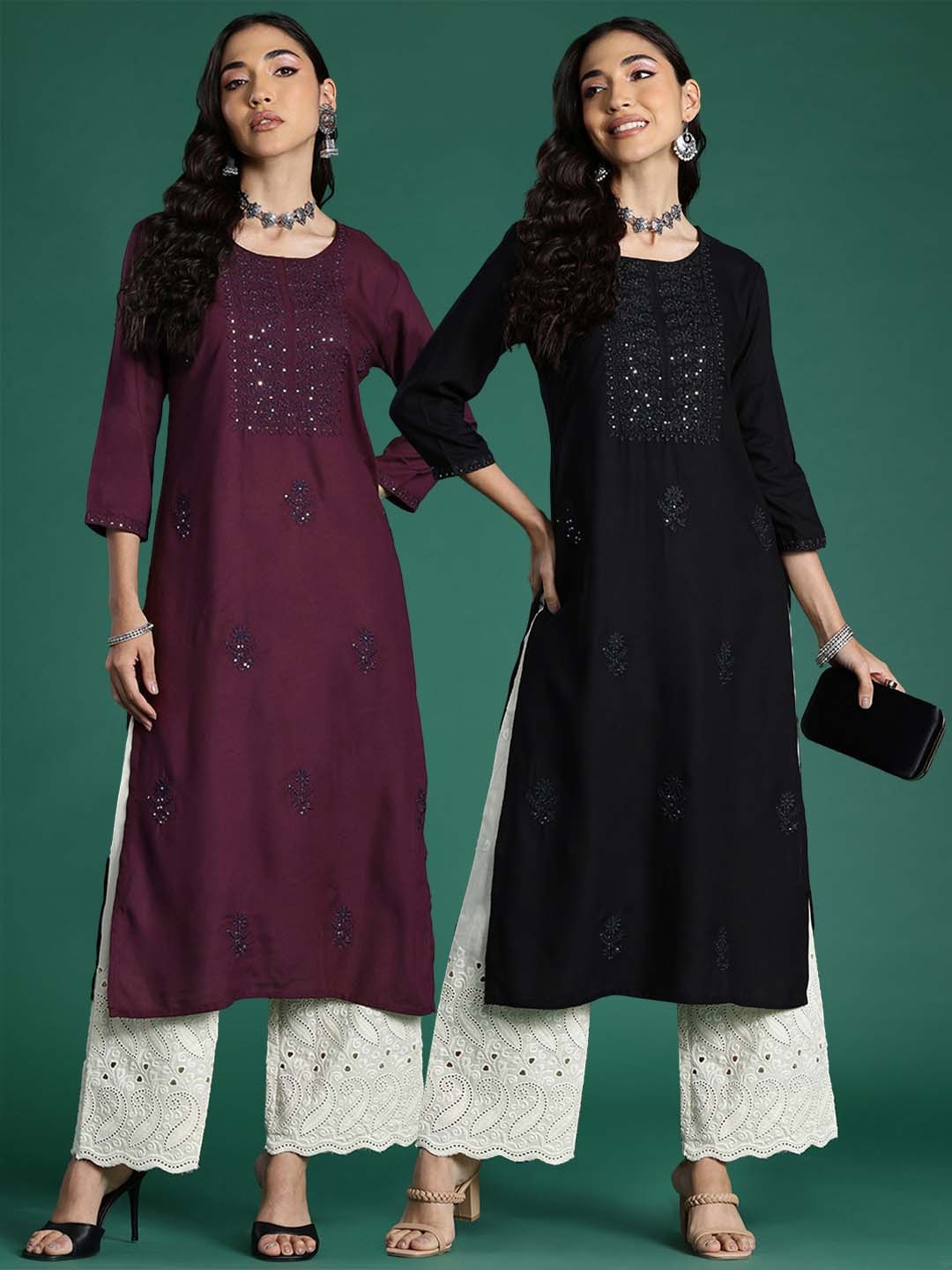 

Indo Era Pack of 2 Floral Embroidered Thread Work Kurta, Black