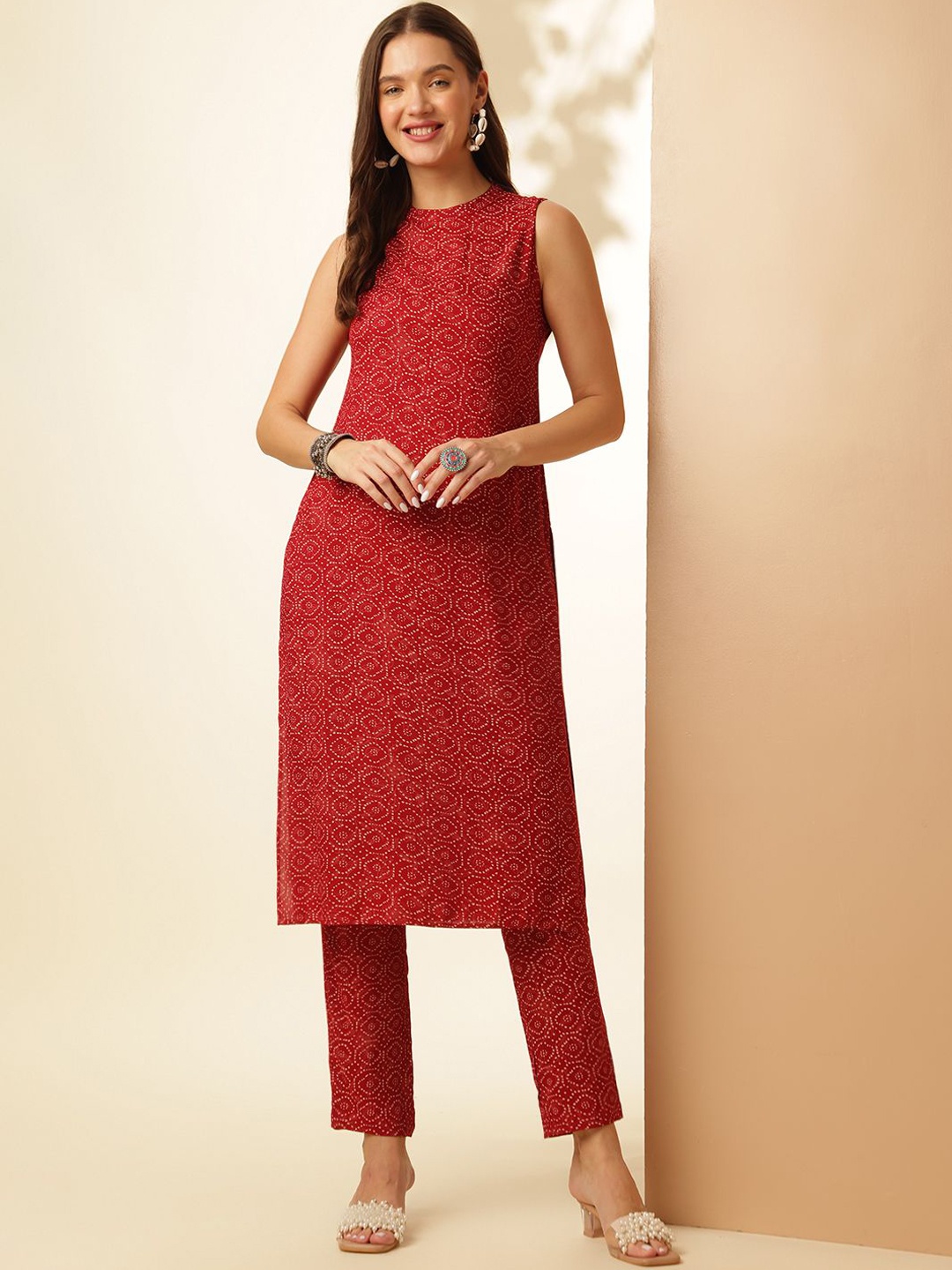 

Anouk Maroon Printed High Neck Sleeveless Tunic With Trouser