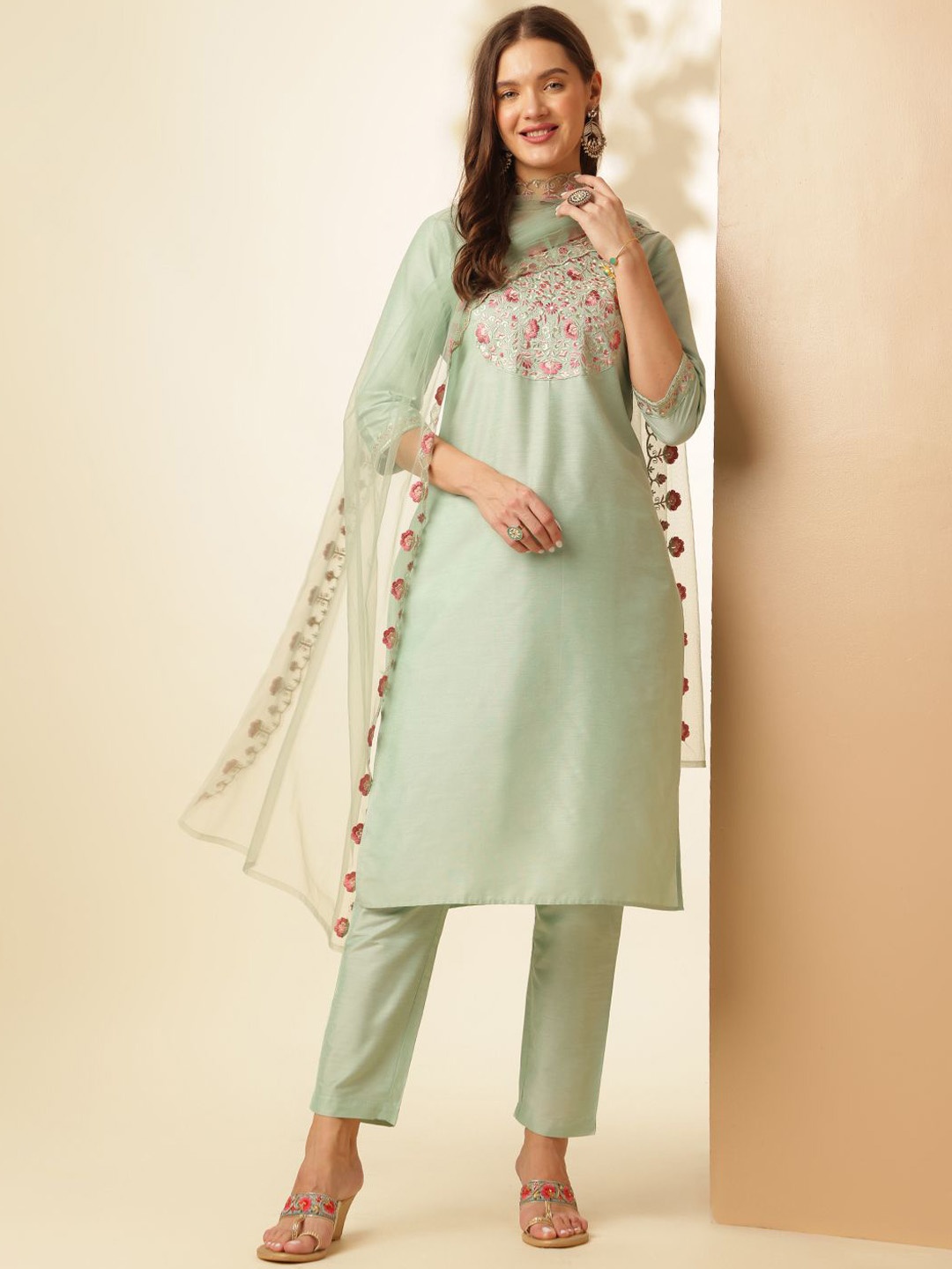 

Anouk Floral Embroidered Thread Work Straight Kurta With Trousers & Dupatta, Teal