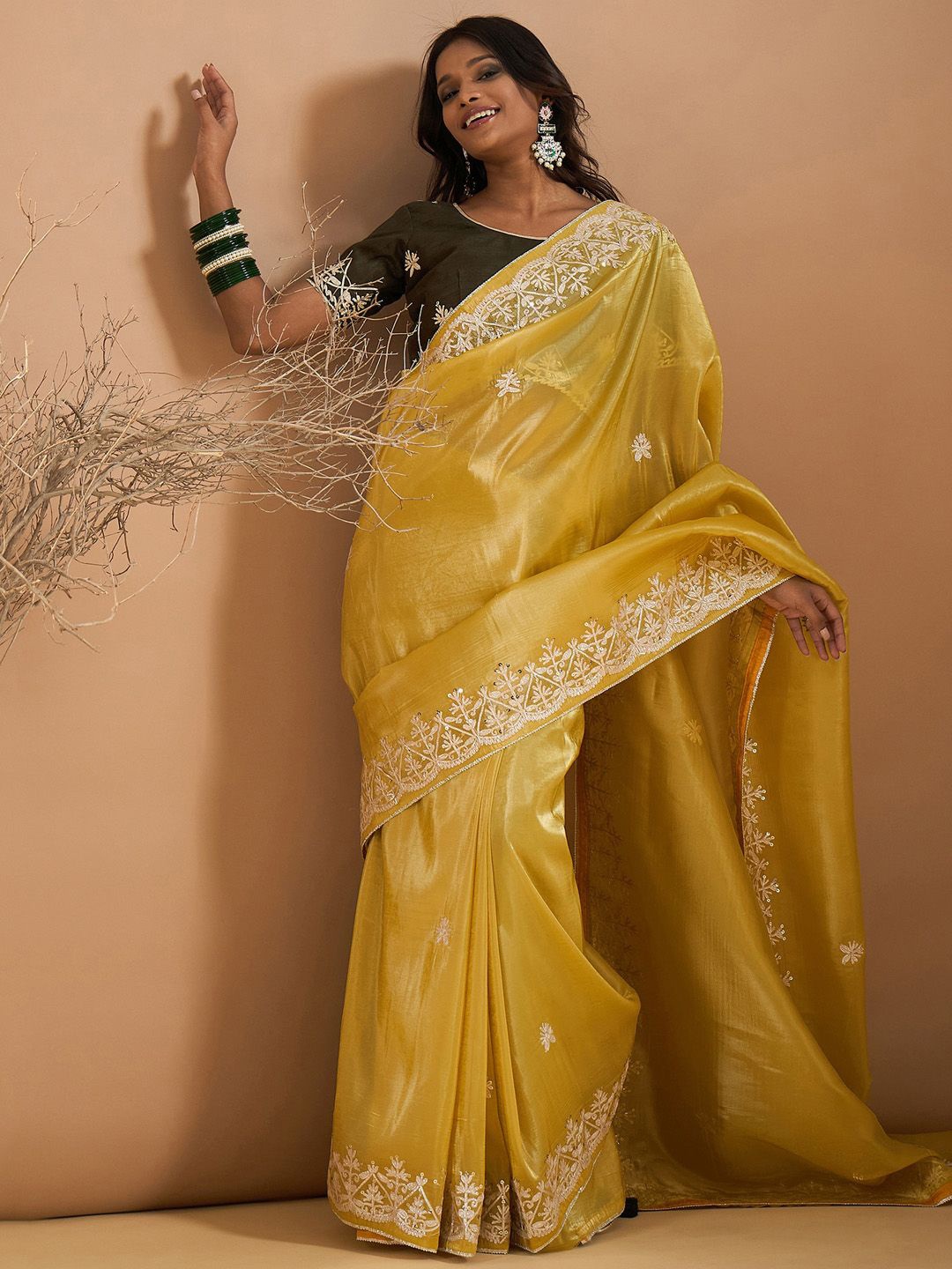 

Saree mall Embellished Sequinned Tissue Sarees, Yellow