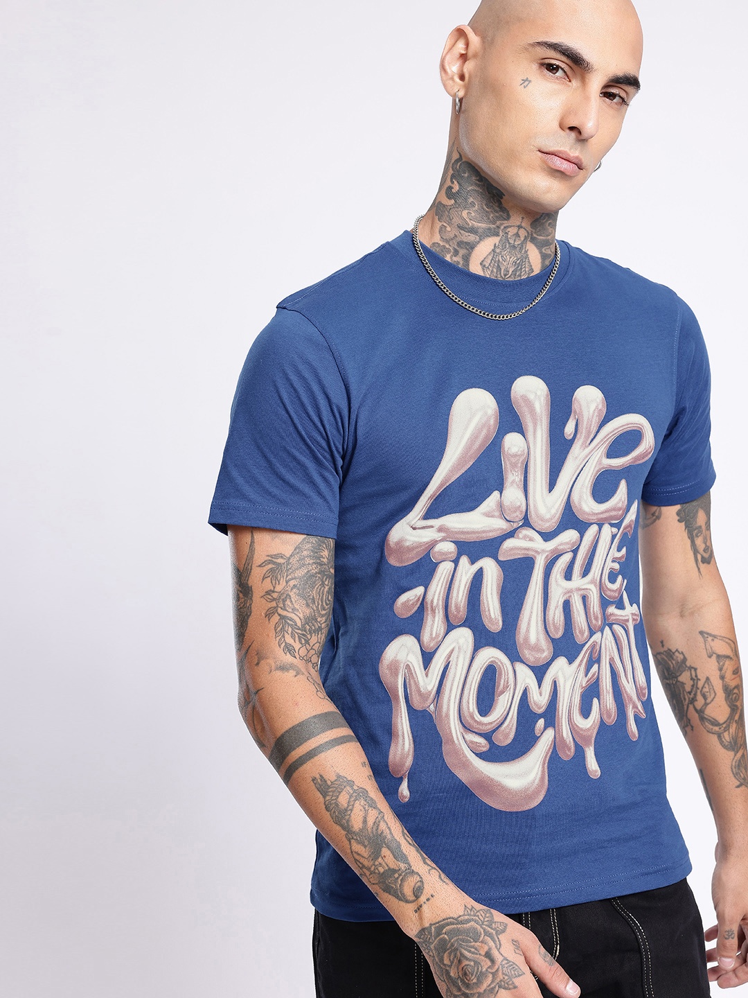 

glitchez Real Talk Typography Printed T-shirt, Blue