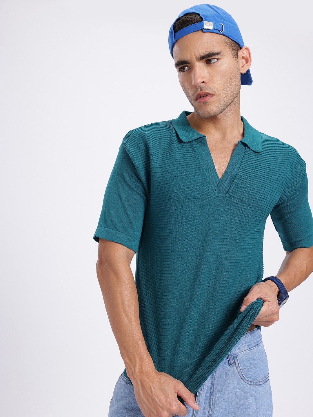 

glitchez Subtle Stripes Textured Relaxed Fit Knitted T-shirt, Teal