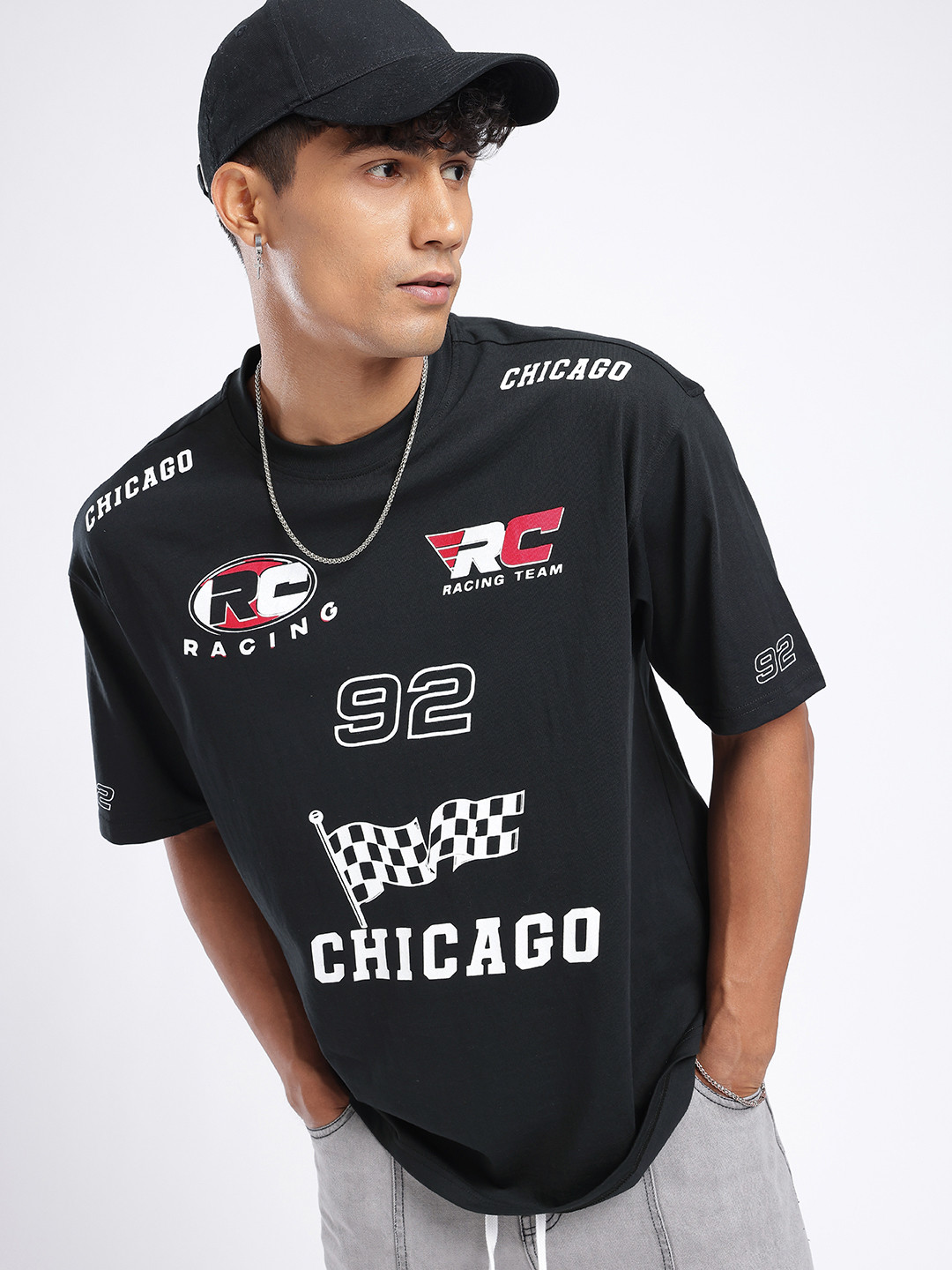 

glitchez Racing Vibe Printed Oversized Fit T-shirt, Black