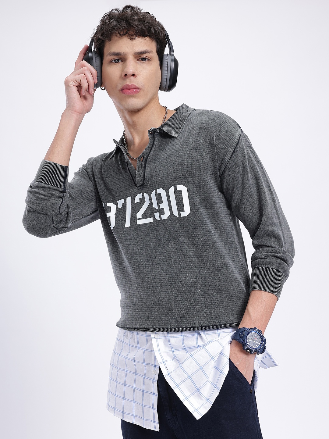 

glitchez Numeral Pulse Printed Regular Fit Polo T-shirt, Charcoal