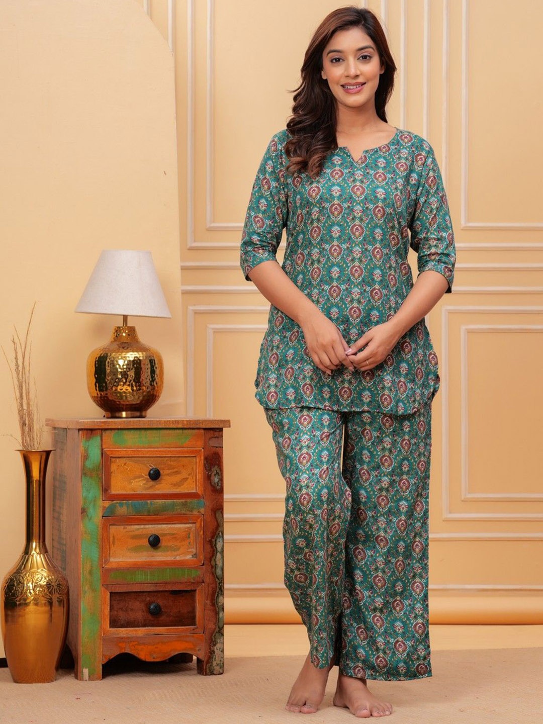 

JAIPURFAME Printed Pure Cotton Tunic With Trousers, Sea green