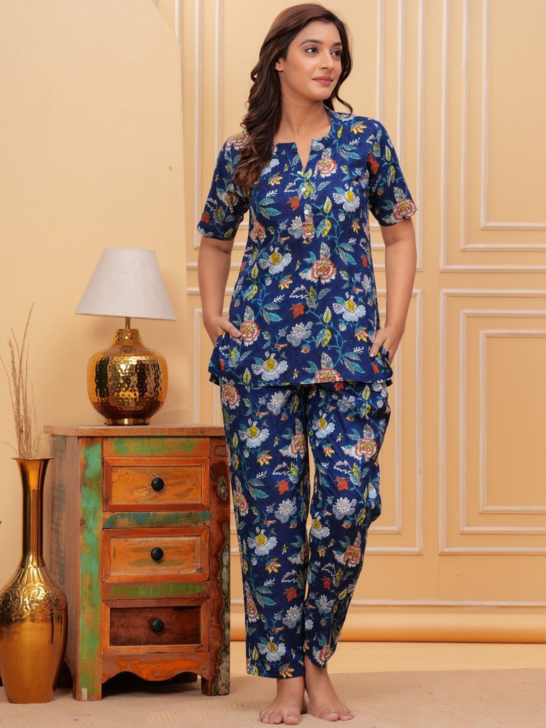 

JAIPURFAME Printed Pure Cotton Tunic With Trousers, Blue