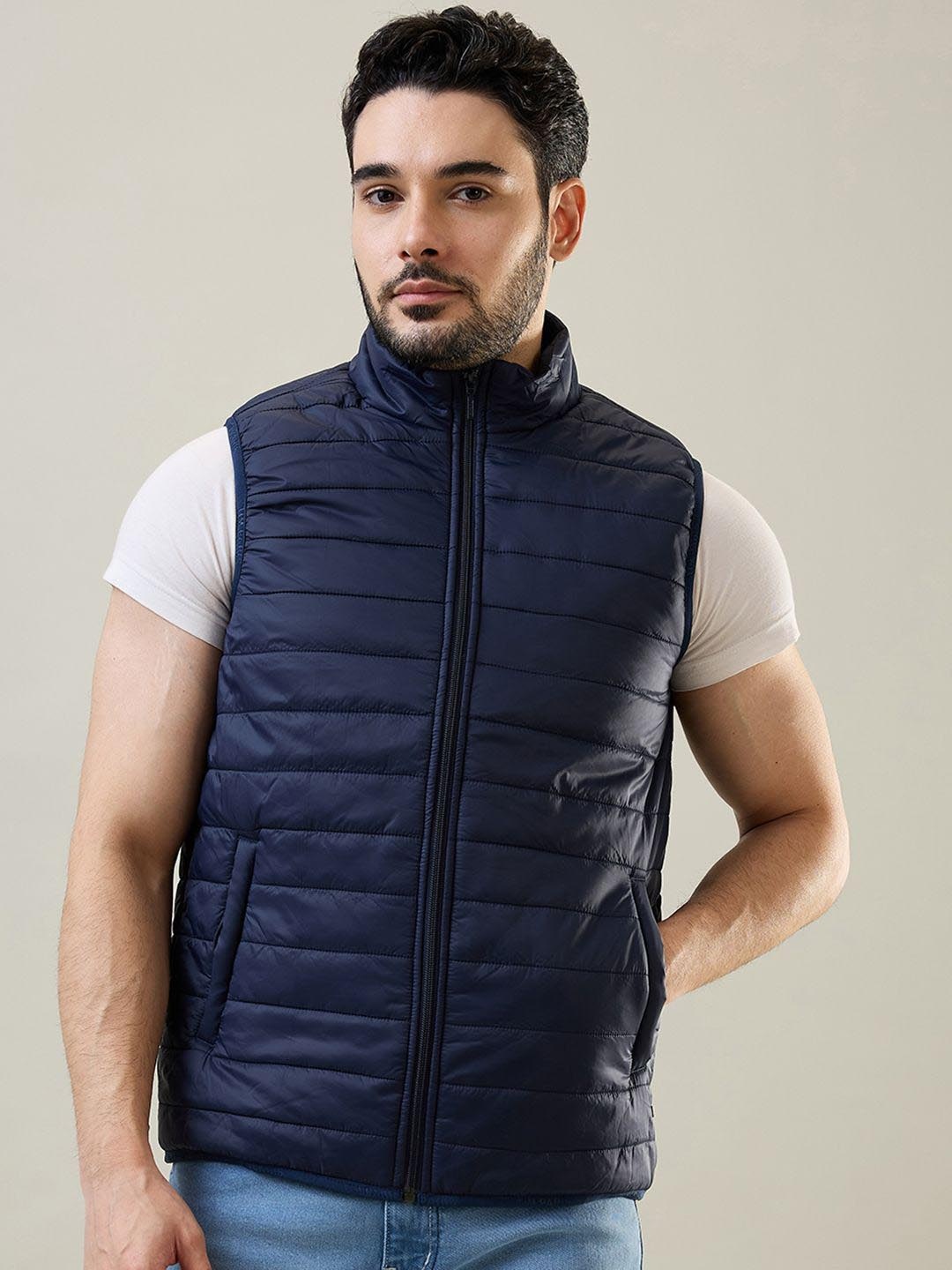 

TIM PARIS Men Solid Lightweight Sleeveless Gilet Jacket, Navy blue