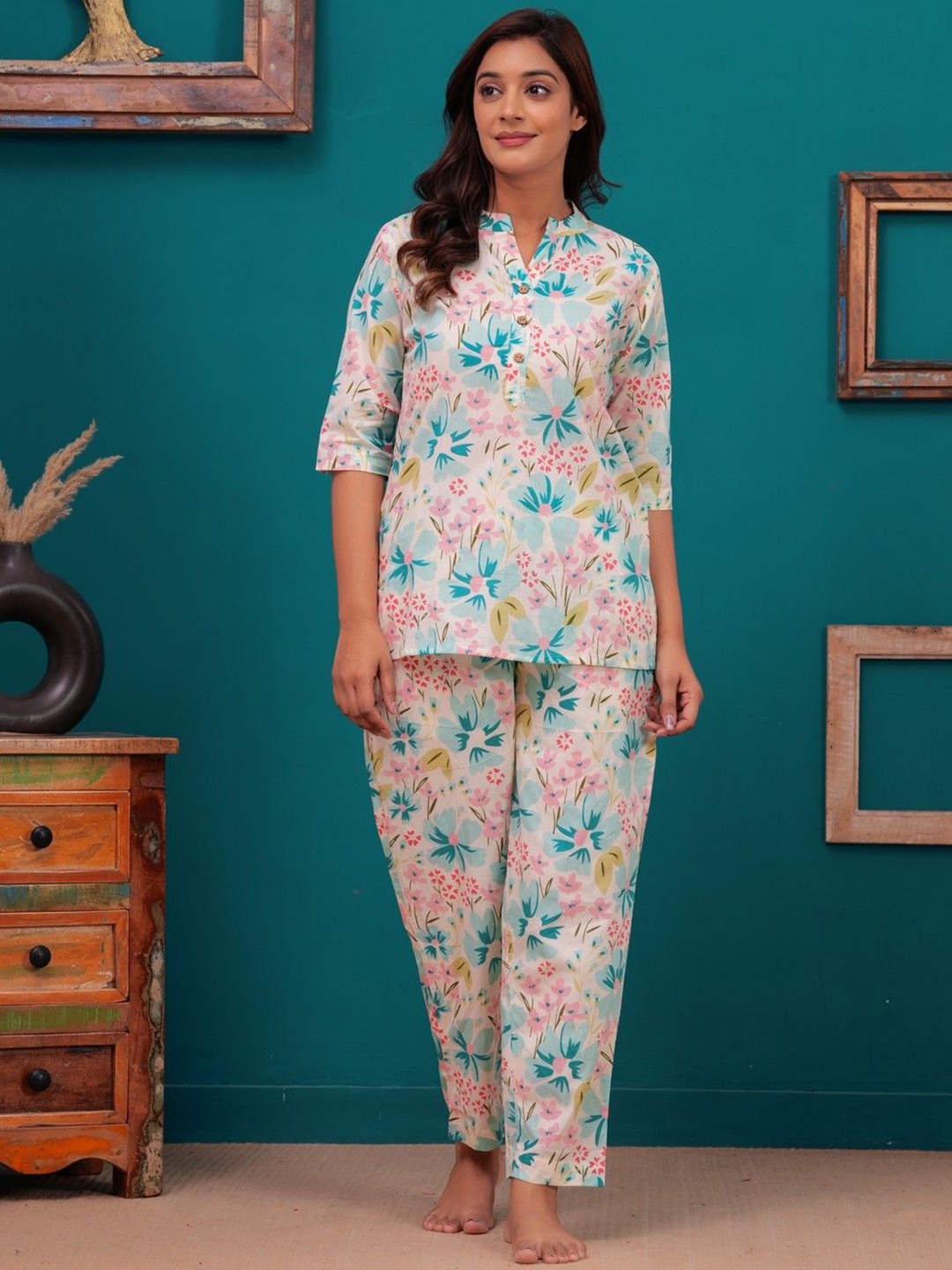 

JAIPURFAME Printed Pure Cotton Tunic With Trousers, White