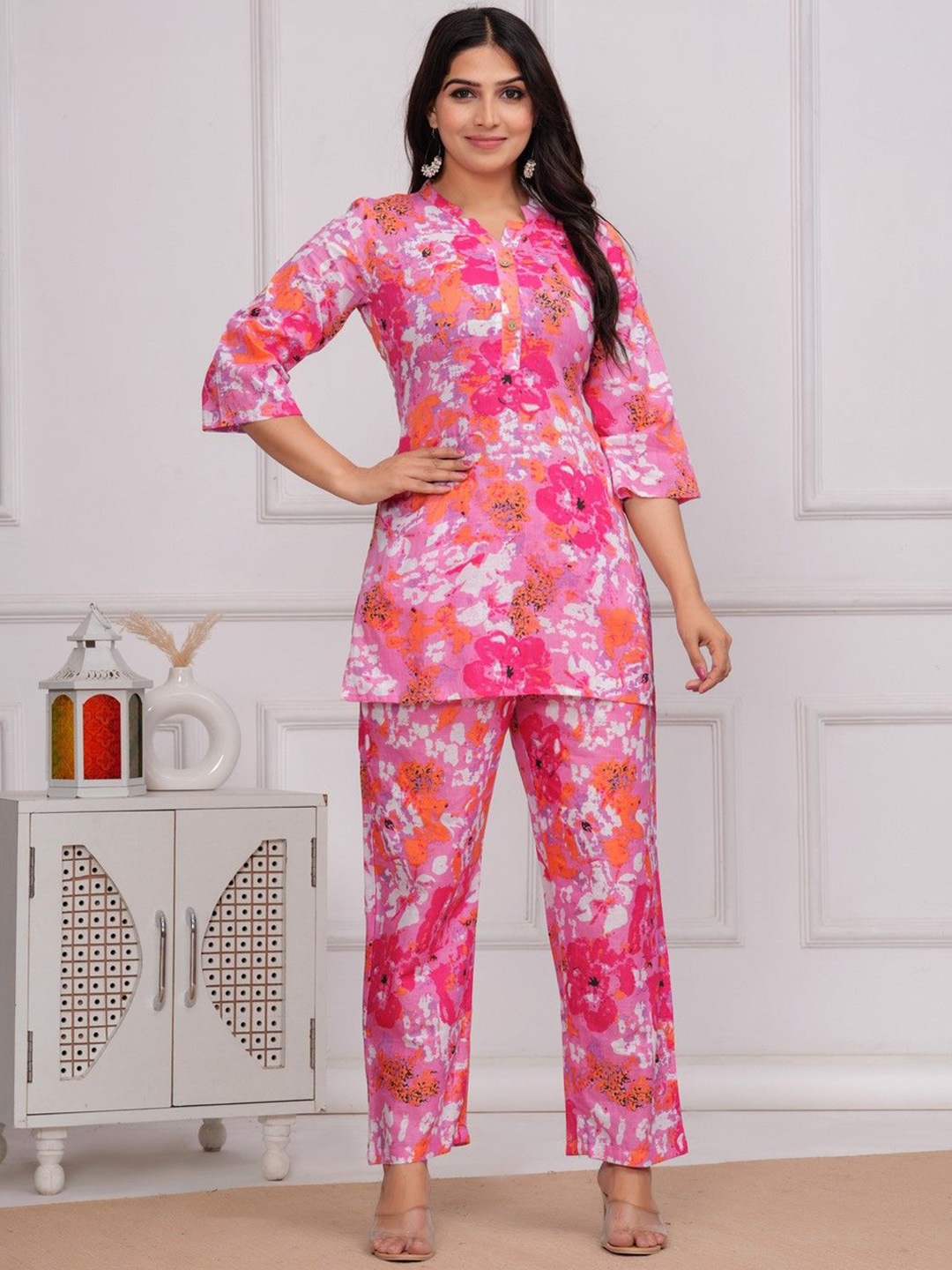 

JAIPURFAME Printed Pure Cotton Tunic With Trouser, Pink