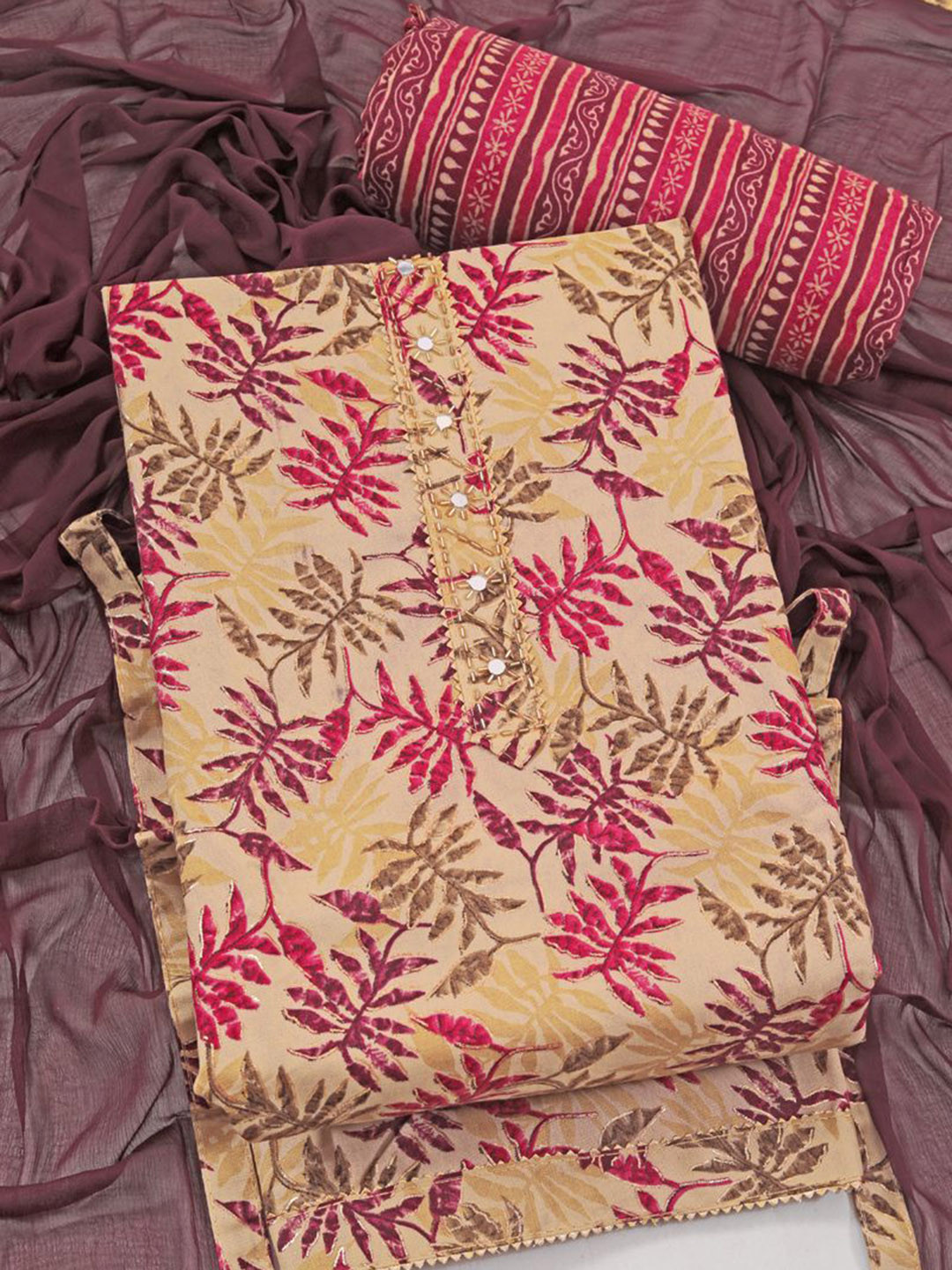 

KALINI Floral Foil Printed Embellished Unstitched Dress Material, Purple