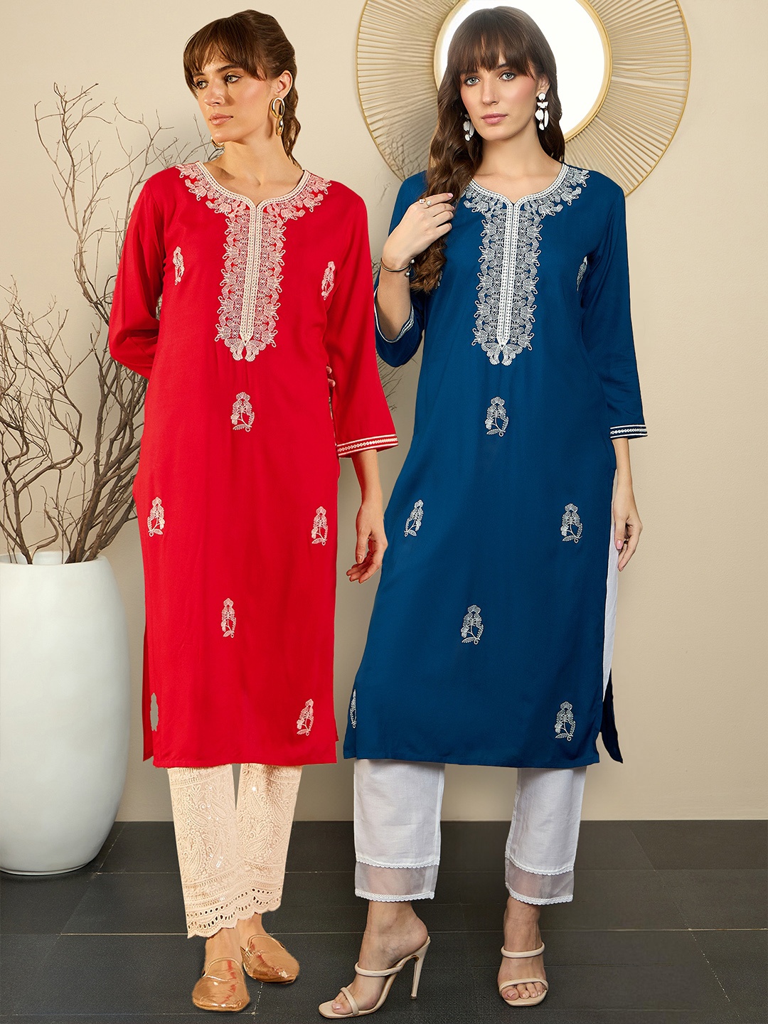 

Indo Era Pack of 2 Ethnic Motifs Embroidered Straight Kurta, Teal