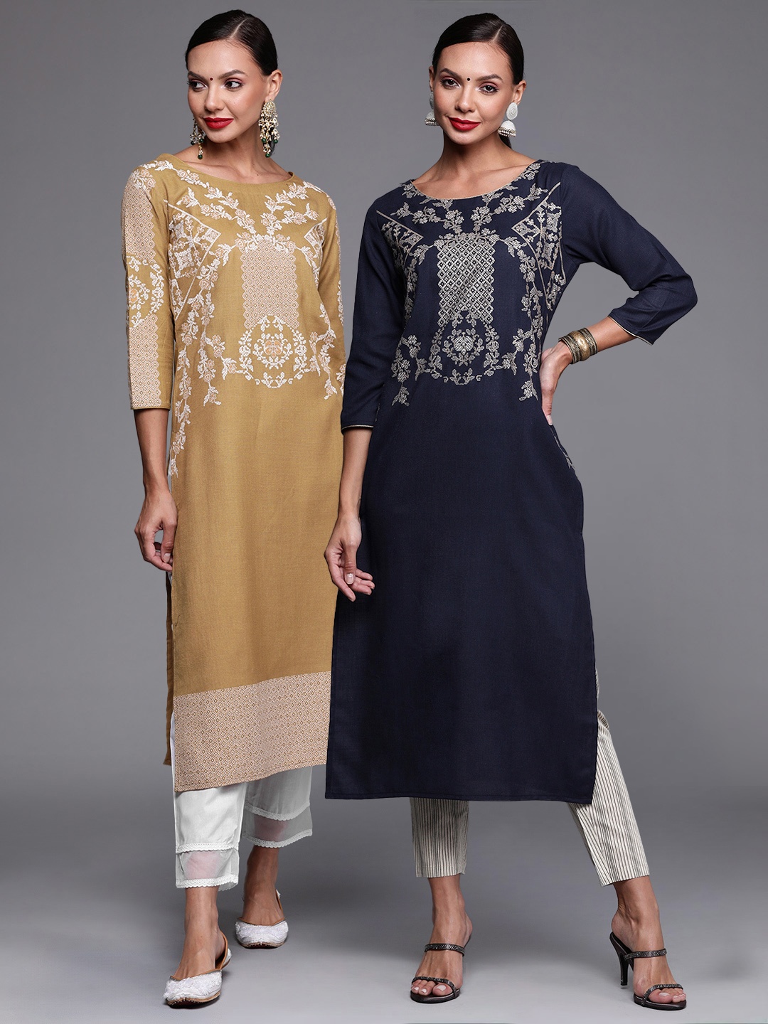 

Indo Era Pack Of 2 Foil Printed Kurta, Navy blue