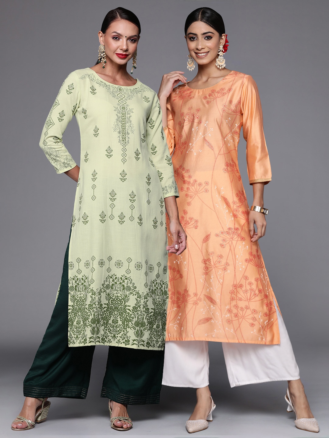 

Indo Era Pack Of 2 Ethnic Motifs Foil Printed Straight Kurta, Green