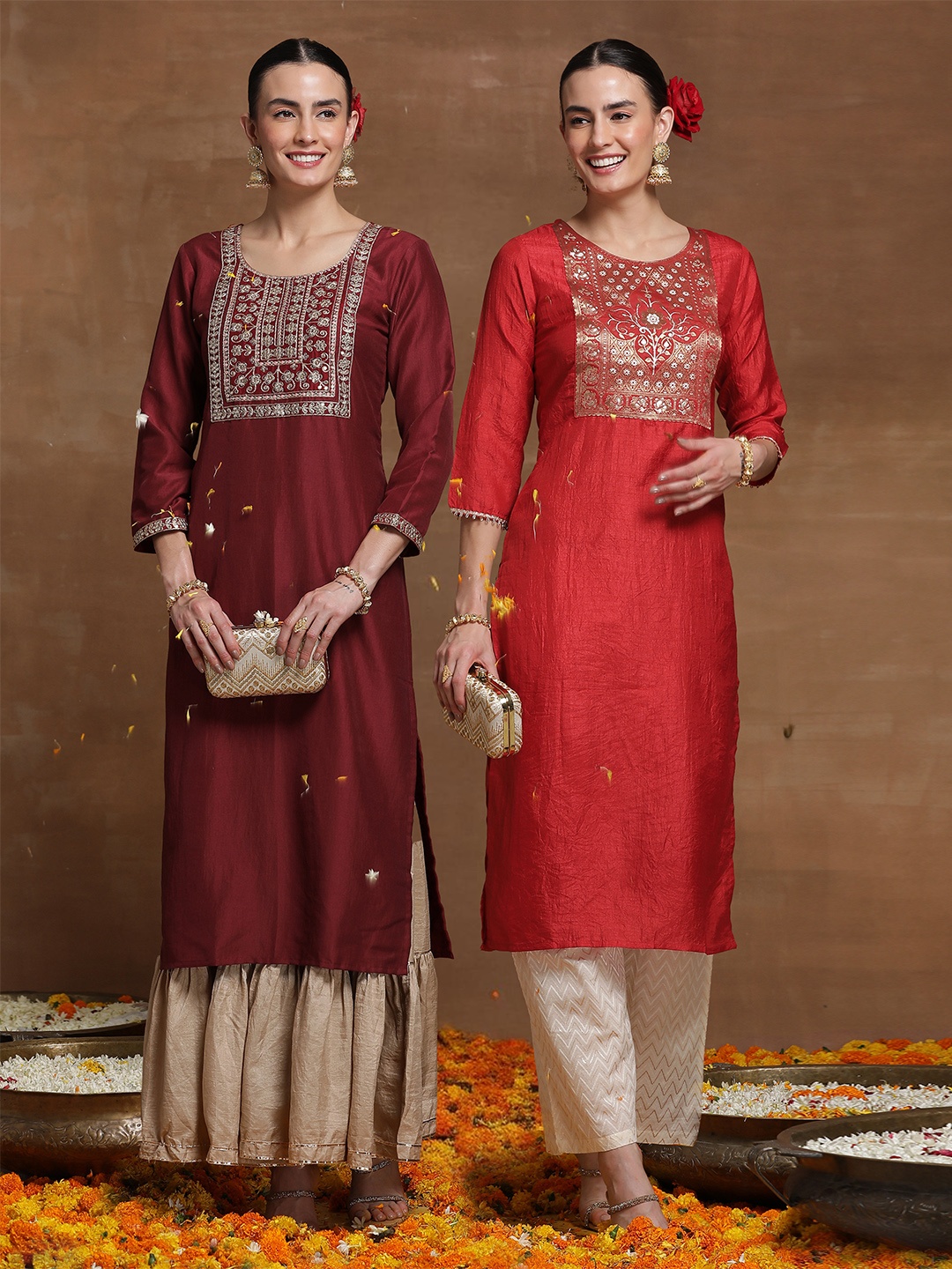 

Indo Era Pack of 2 Ethnic Motifs Embroidered Straight Kurta, Maroon