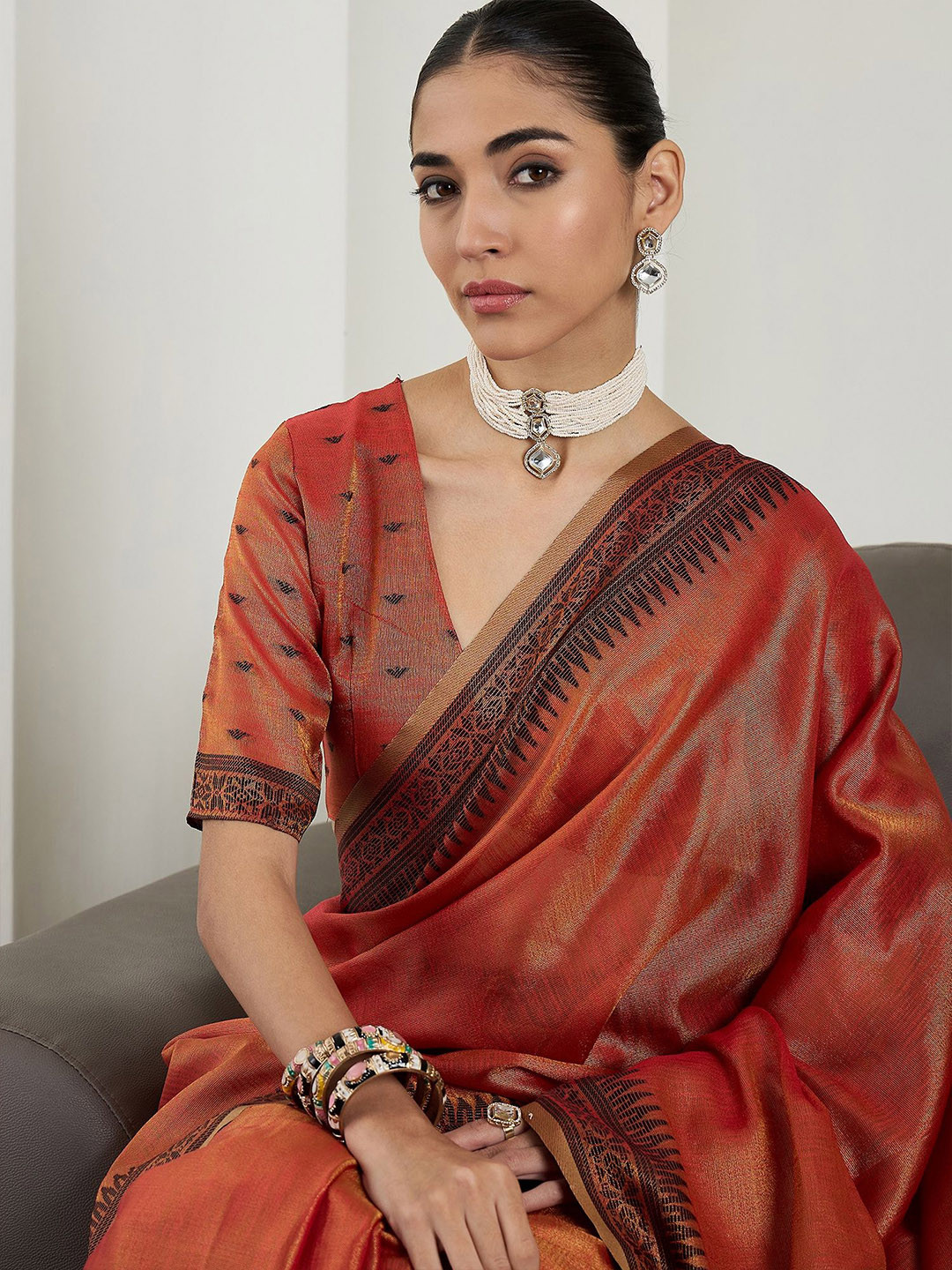

Sangria Woven Design Banarasi Saree With Blouse Piece, Orange