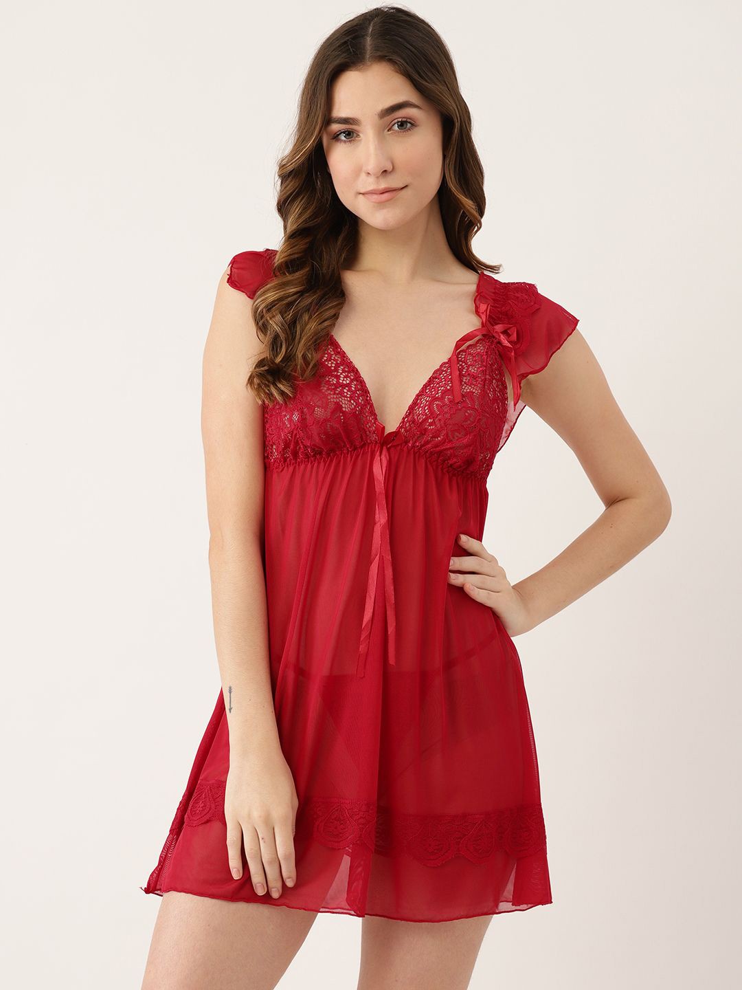 

Ms.Lingies Women Self Design Net Baby Doll, Red
