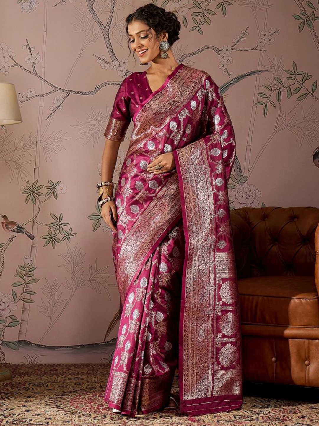 

Sangria Woven Design Banarasi Saree With Blouse Piece, Purple