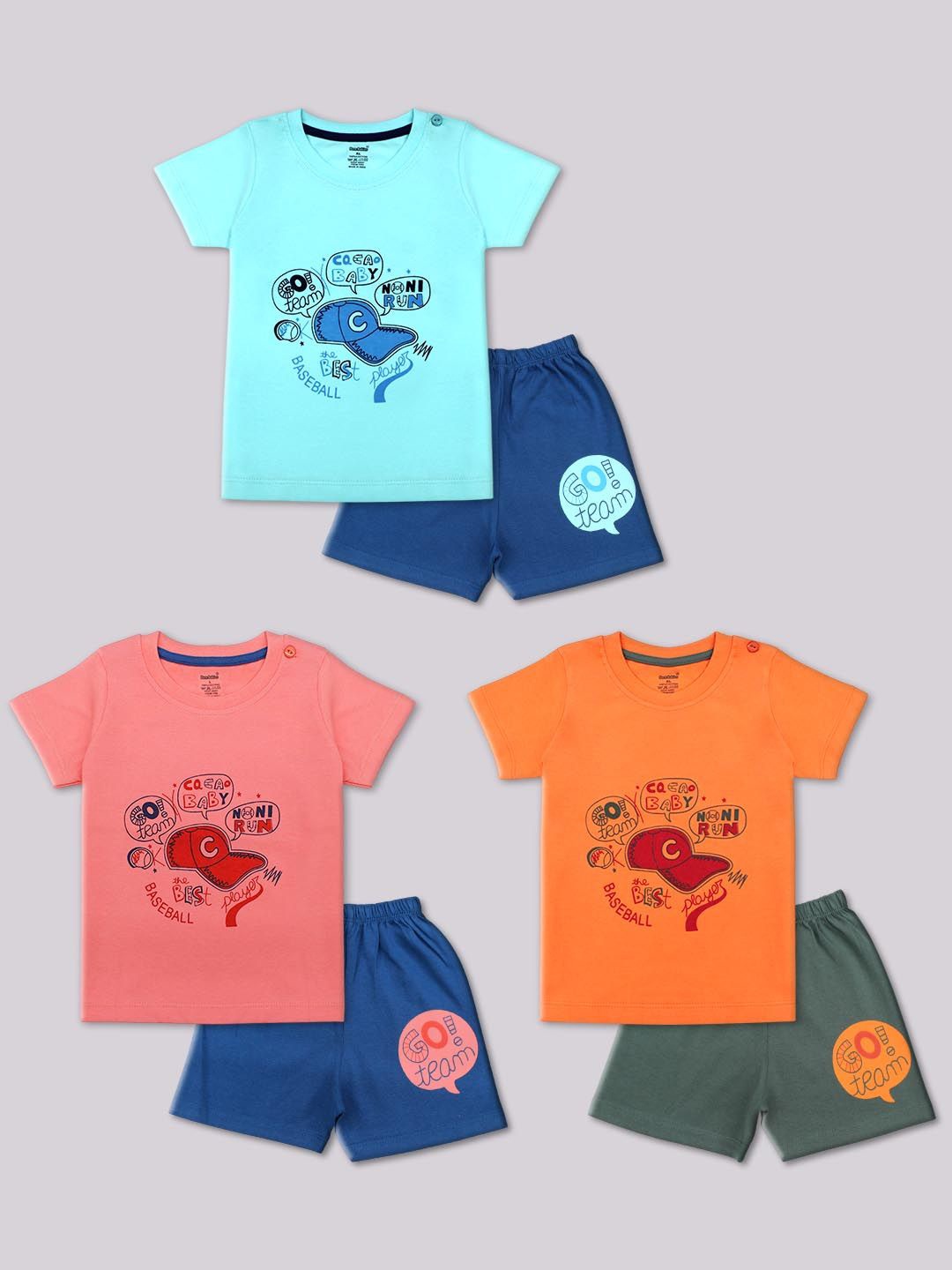 Born Babies Kids Pack Of 3 Printed Organic Cotton T-shirt With Shorts, Blue