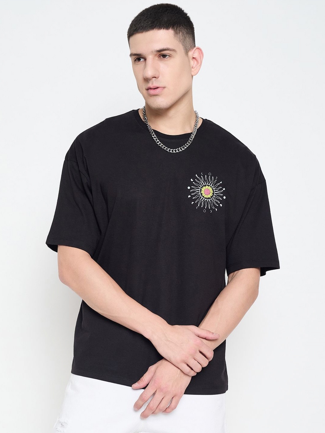 

Mast & Harbour Men Graphic Printed Round Neck Pure Cotton Relaxed Fit T-shirt, Black