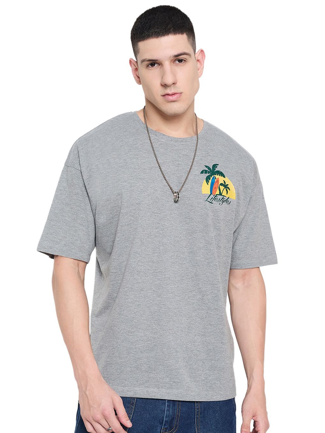 

Mast & Harbour Men Graphic Printed Round Neck Pure Cotton Relaxed Fit T-shirt, Grey