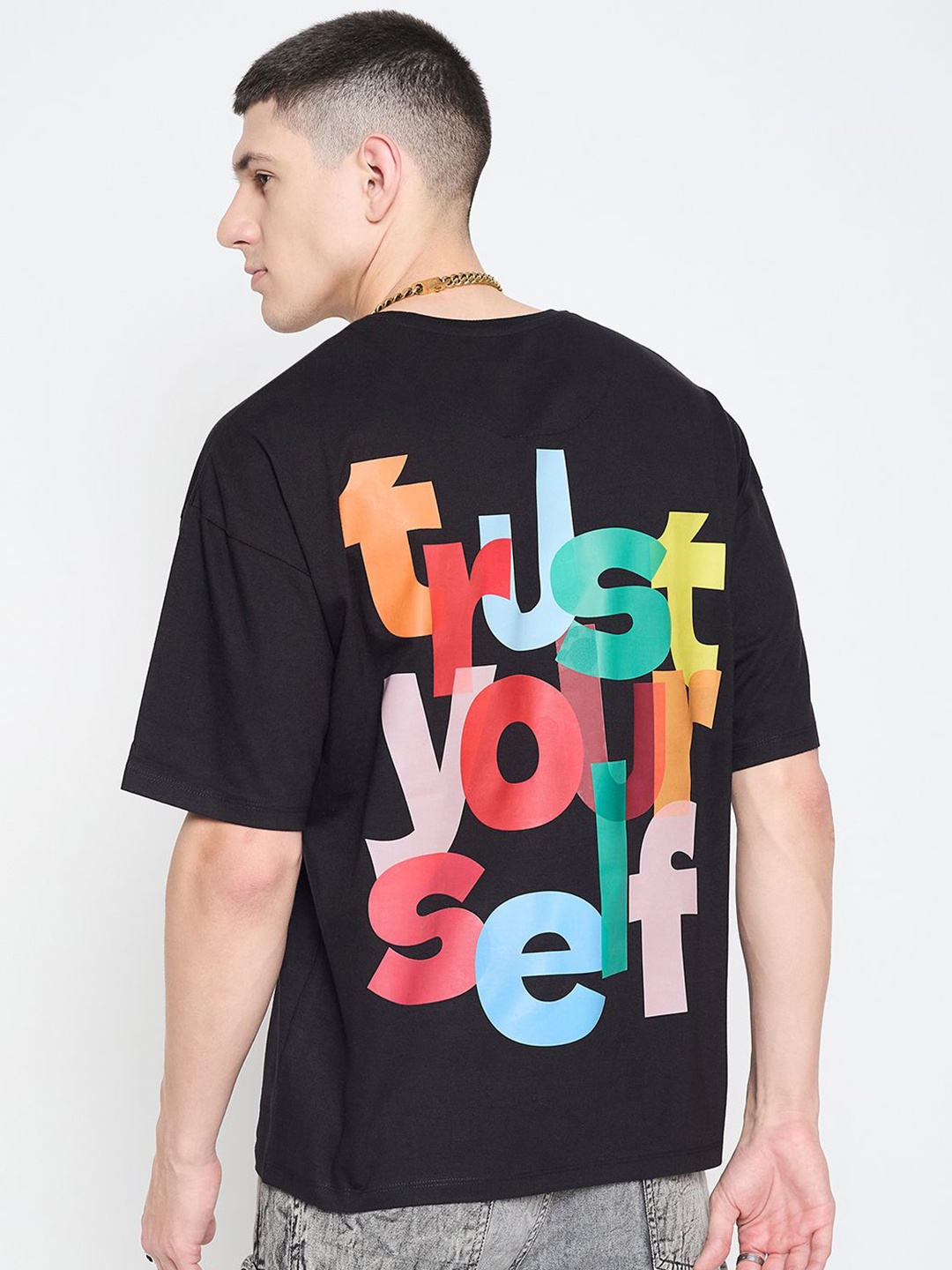 Mast & Harbour Men Typography Printed Round Neck Pure Cotton Relaxed Fit T-shirt, Black