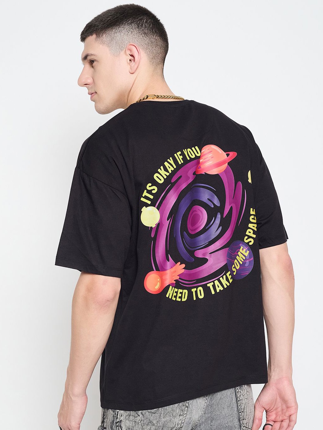 

Mast & Harbour Men Graphic Printed Round Neck Pure Cotton Relaxed Fit T-shirt, Black