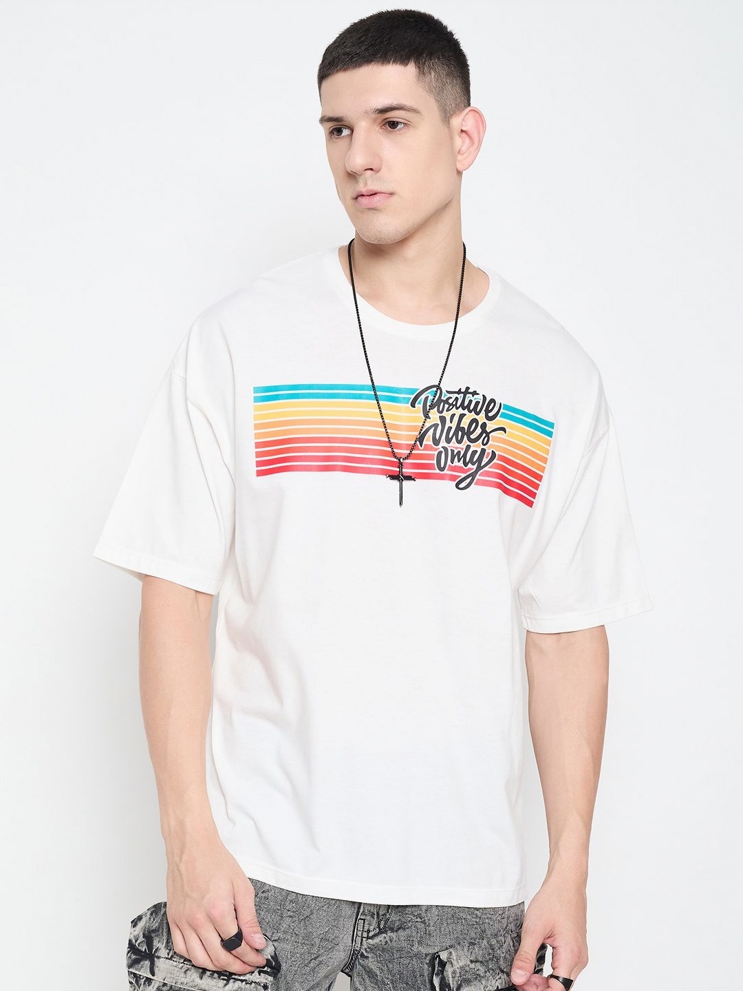 Mast & Harbour Men Striped Round Neck Pure Cotton Relaxed Fit T-shirt, White