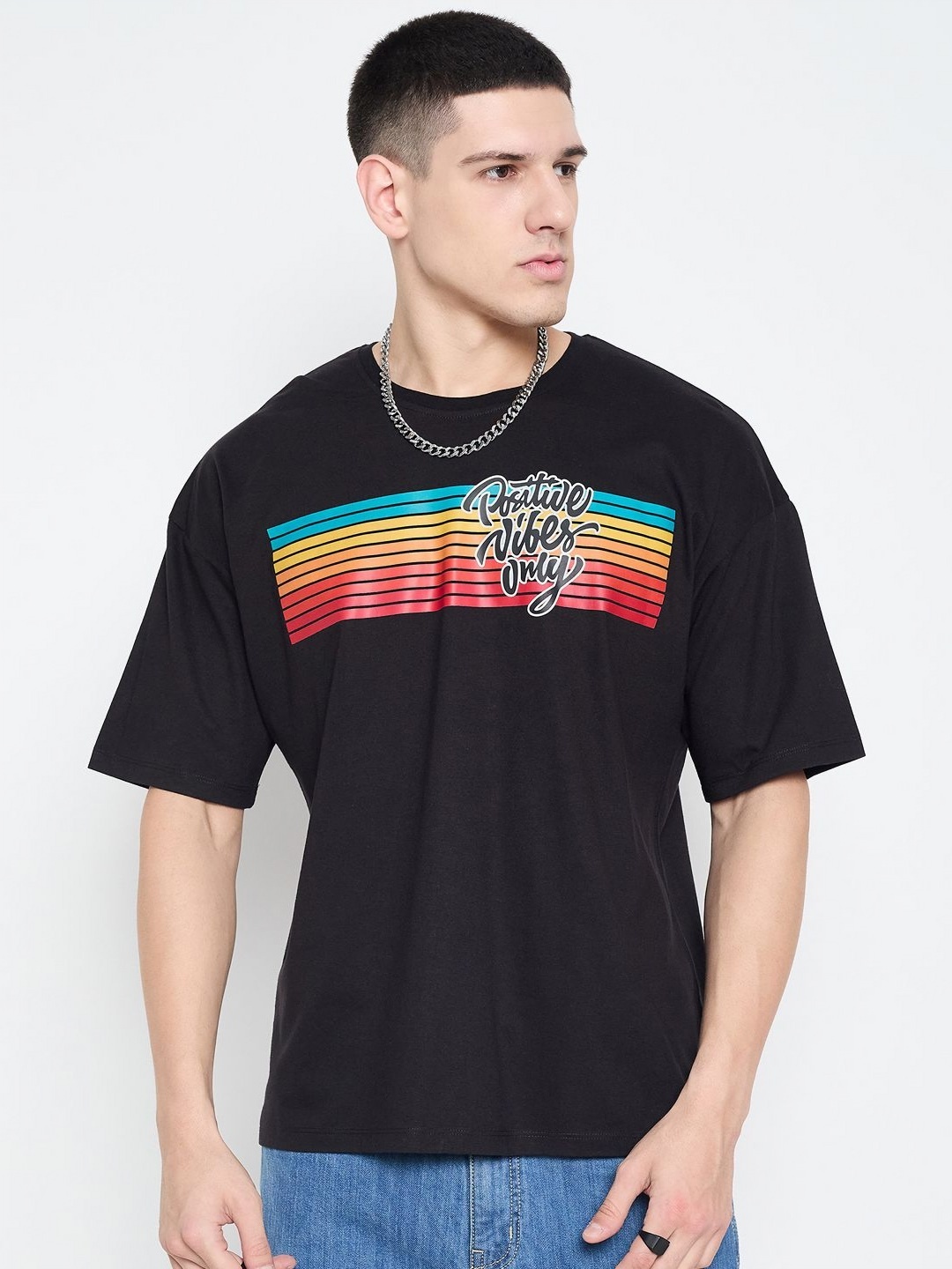 

Mast & Harbour Men Striped Round Neck Pure Cotton Relaxed Fit T-shirt, Black