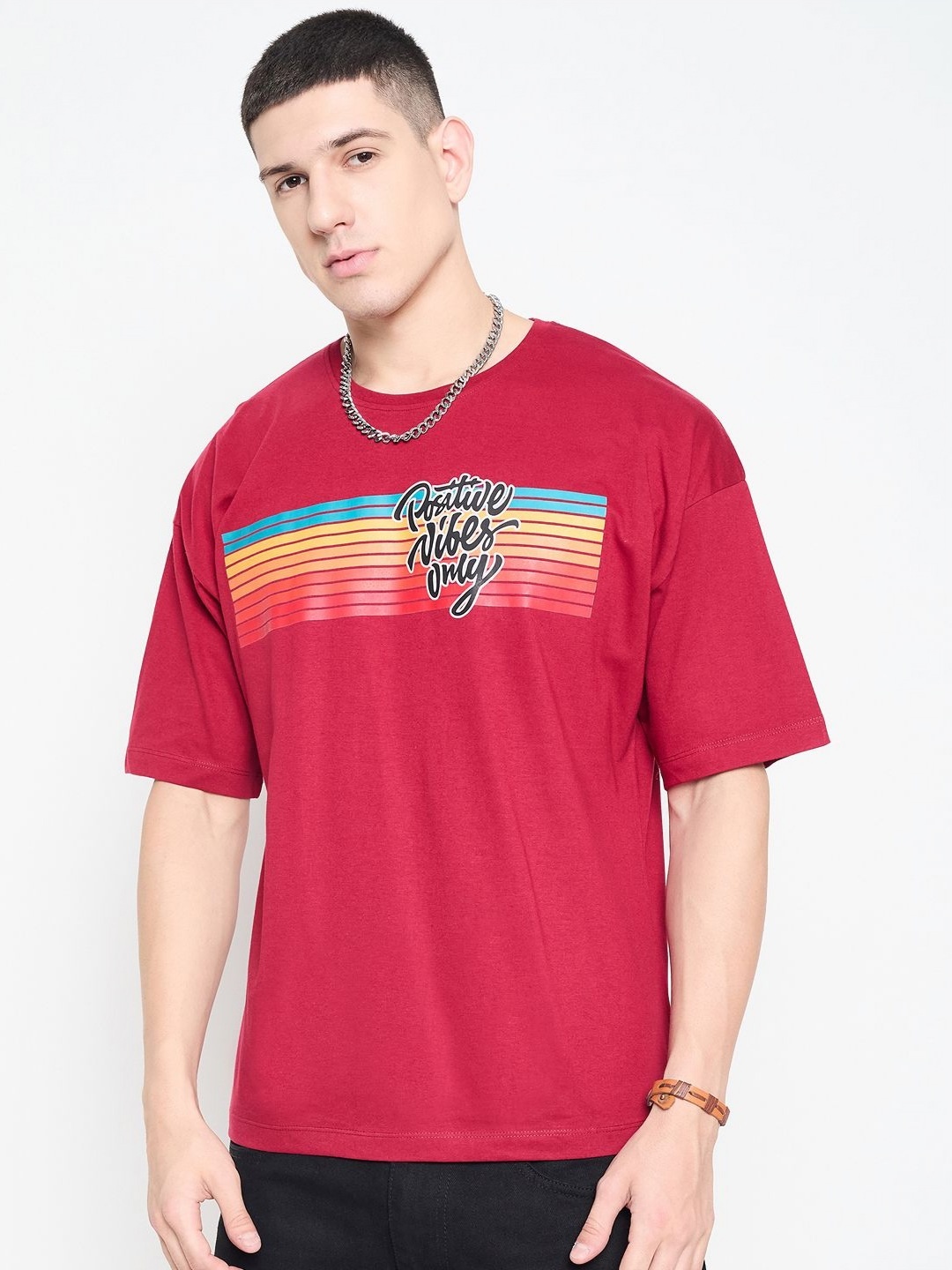 

Mast & Harbour Men Striped Round Neck Pure Cotton Relaxed Fit T-shirt, Red