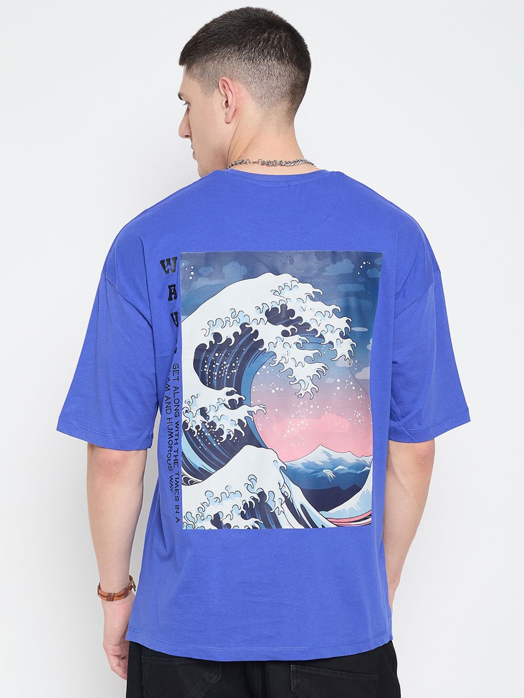 

Mast & Harbour Men Graphic Printed Round Neck Pure Cotton Relaxed Fit T-shirt, Blue