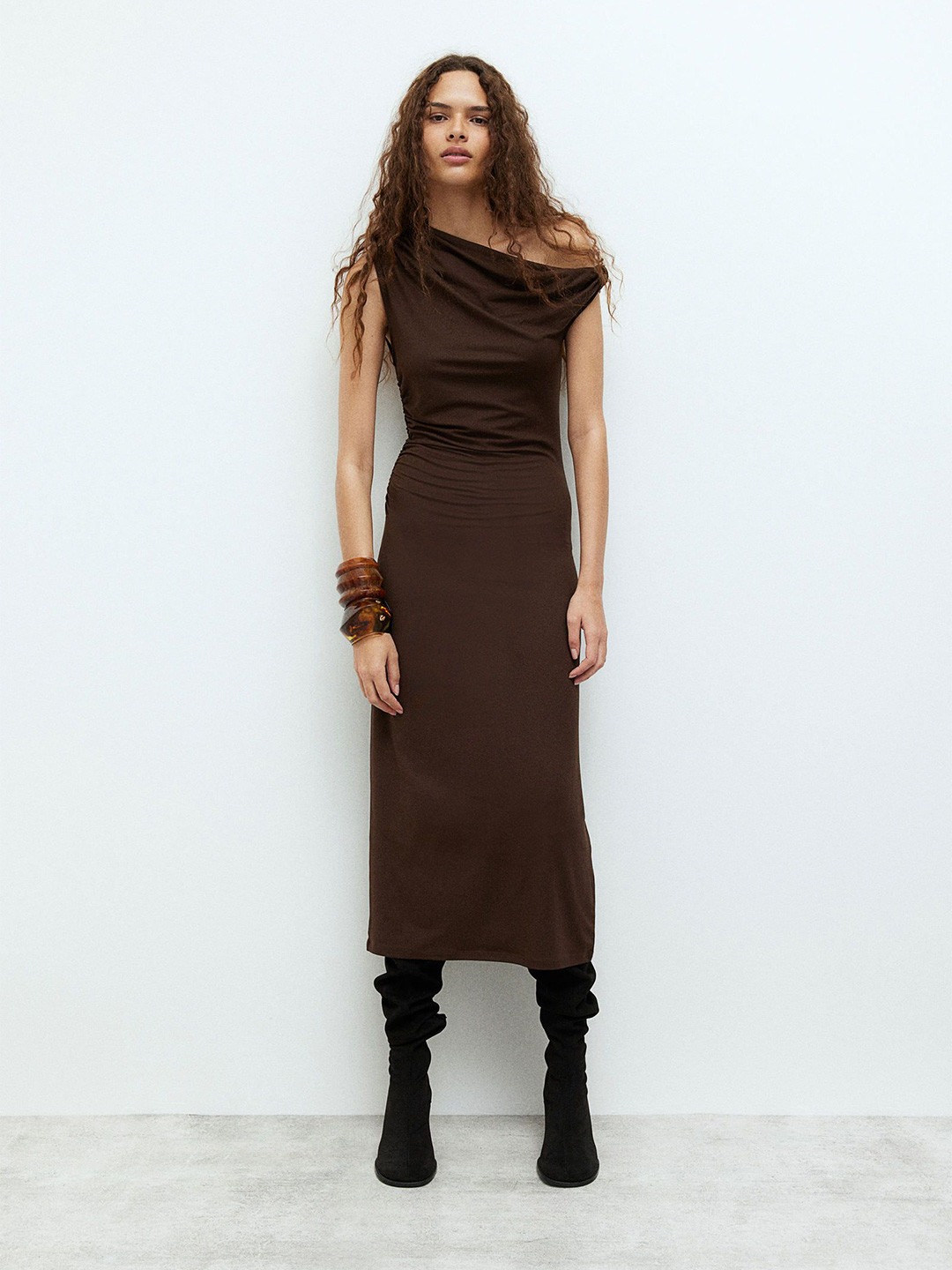 

H&M Women Twist-Detail One-Shoulder Dress, Brown