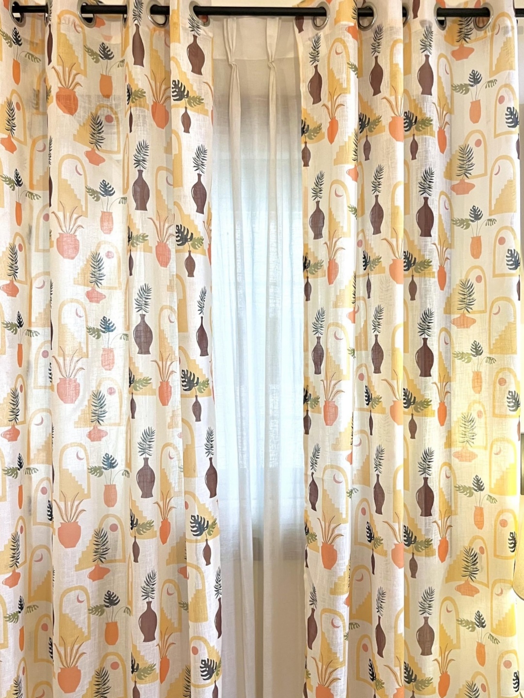 

RANGBHAR Orange & Green 2 Pieces Floral Printed Linen Sheer Door Curtains