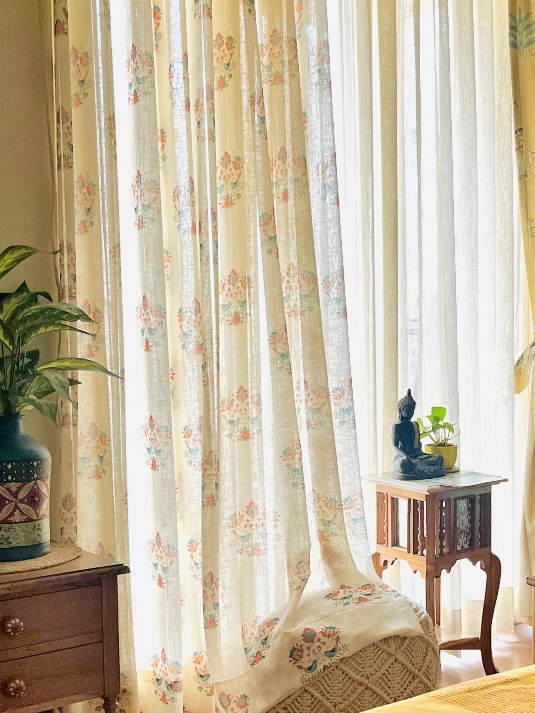 

RANGBHAR Green & Blue 2 Pieces Floral Printed Linen Sheer Window Curtains