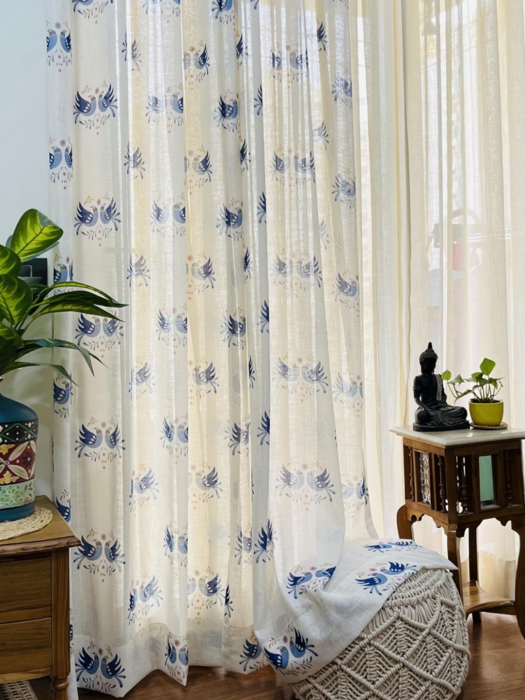 

RANGBHAR Blue & White 2 Pieces Ethnic Motifs Printed Linen Sheer Door Curtains