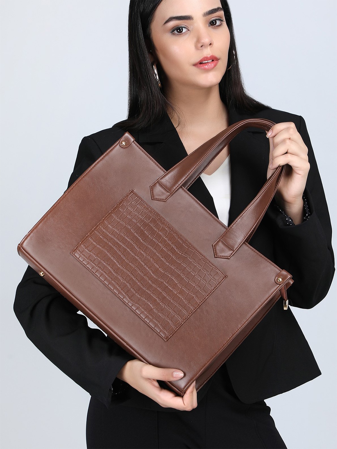 

ALL ABOUT HER Women Textured Structured Handheld Bag, Brown