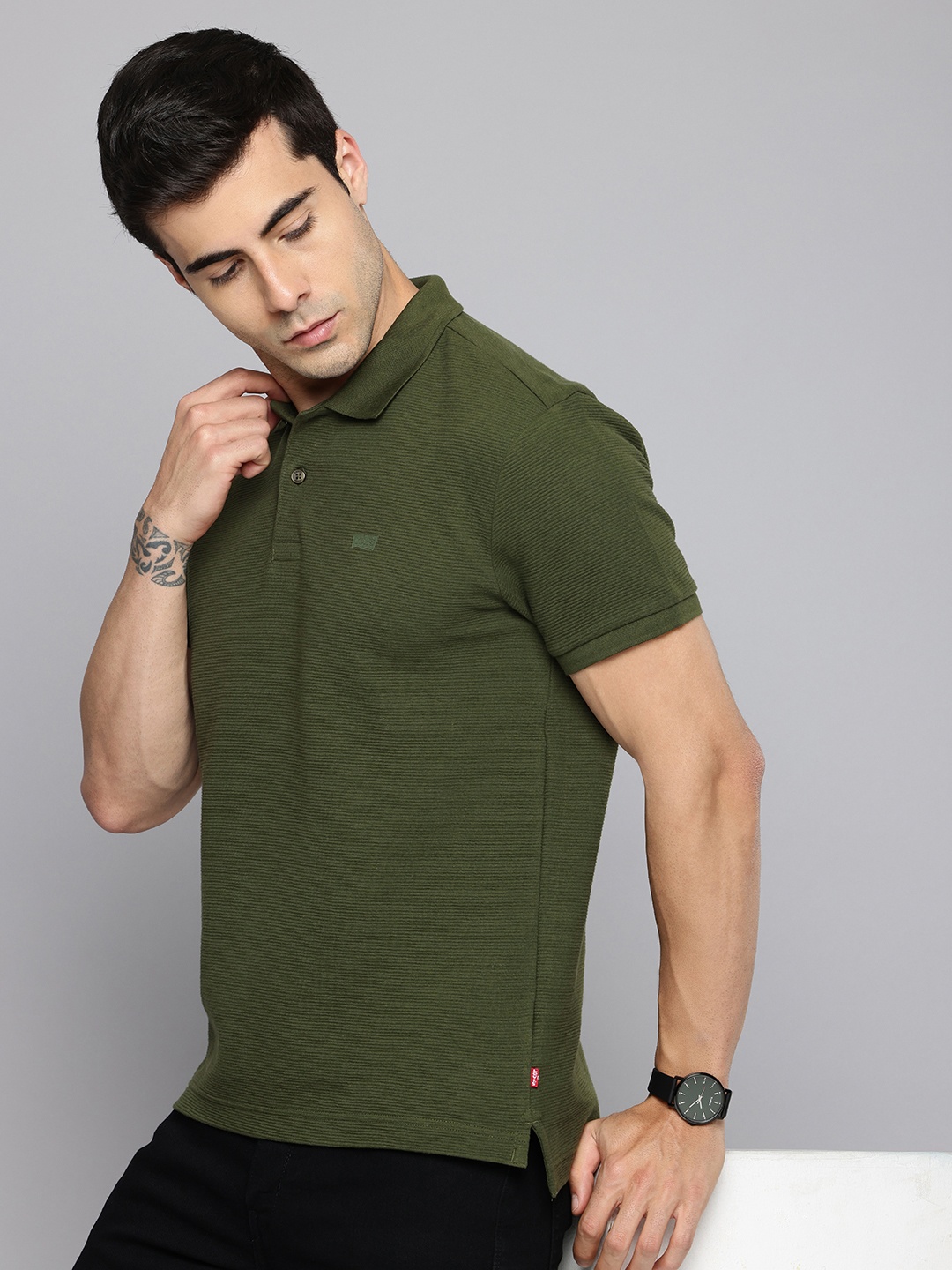 

Levis Self Striped Polo Collar Slim Fit Pure Cotton T-shirt, Olive