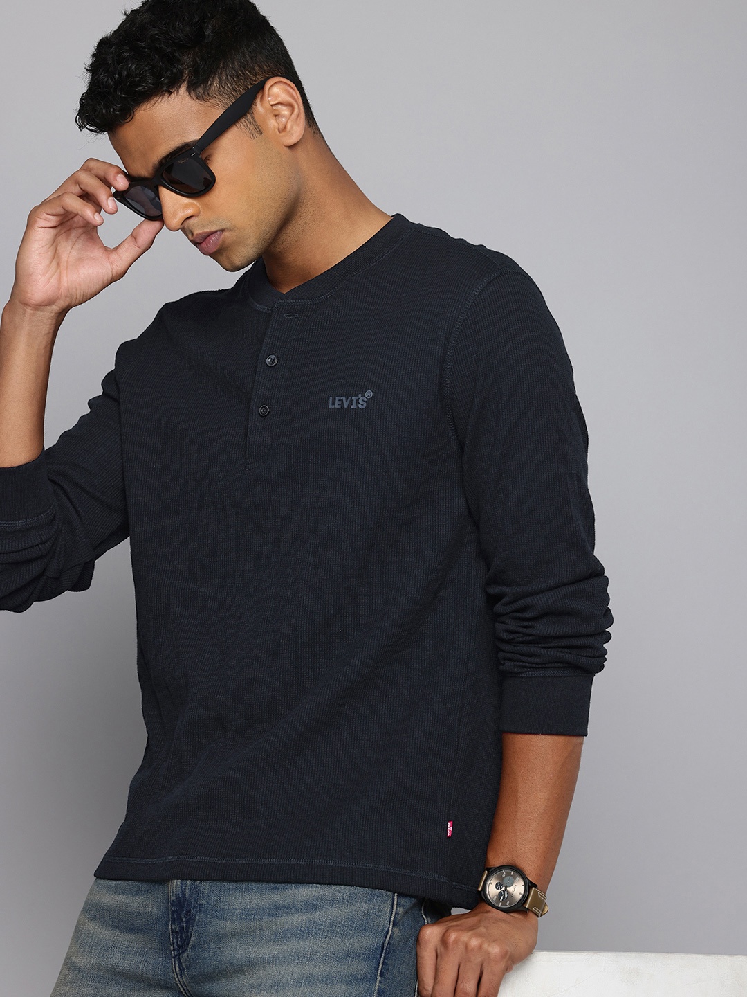 

Levis Slim Fit Henley Neck Self Design Textured Long Sleeves T-Shirt, Navy blue