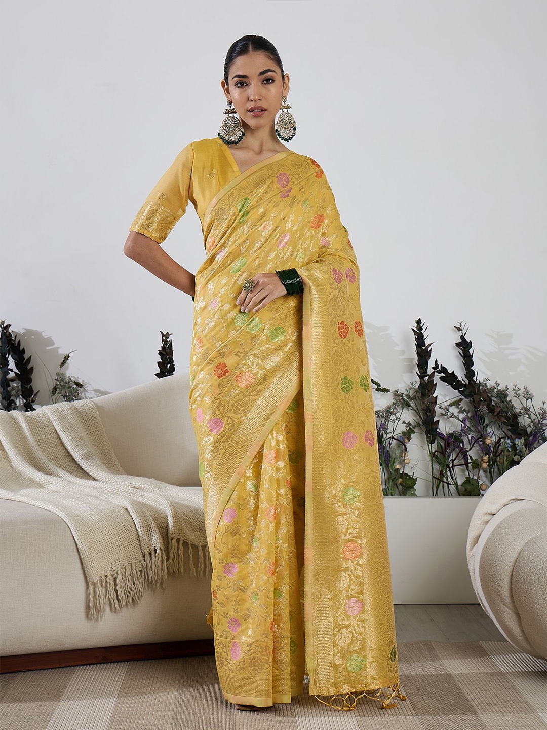 

Sangria Ethnic Motifs Woven Design Banarasi Saree With Blouse Piece, Yellow