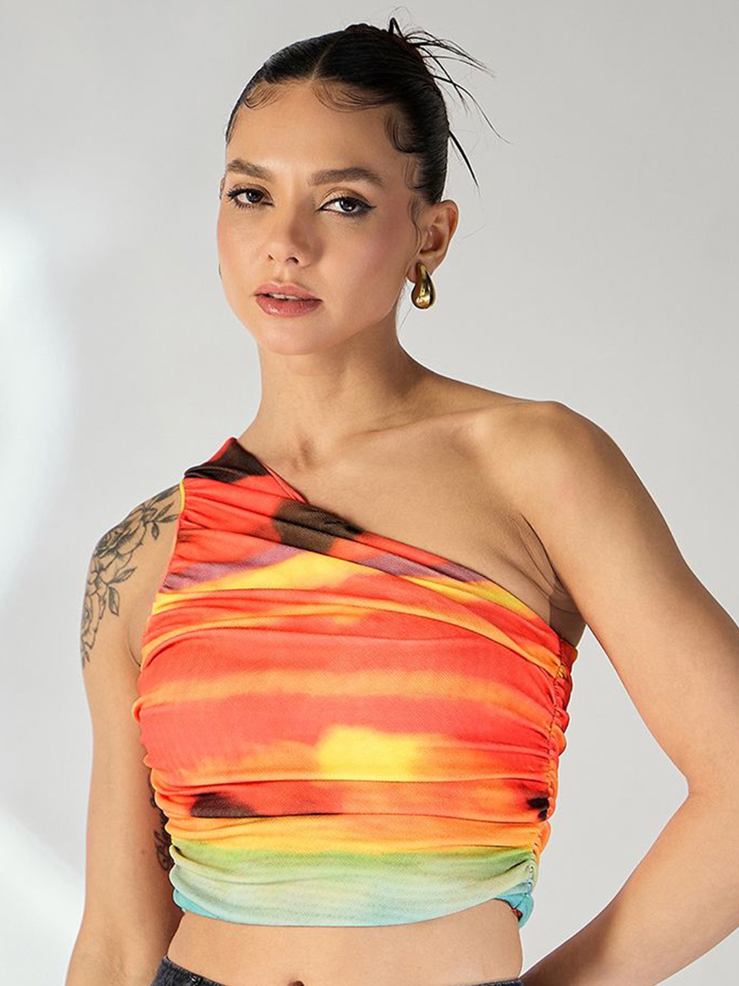 

Uptownie Stretchable One Shoulder Top with Gathered Sides, Orange