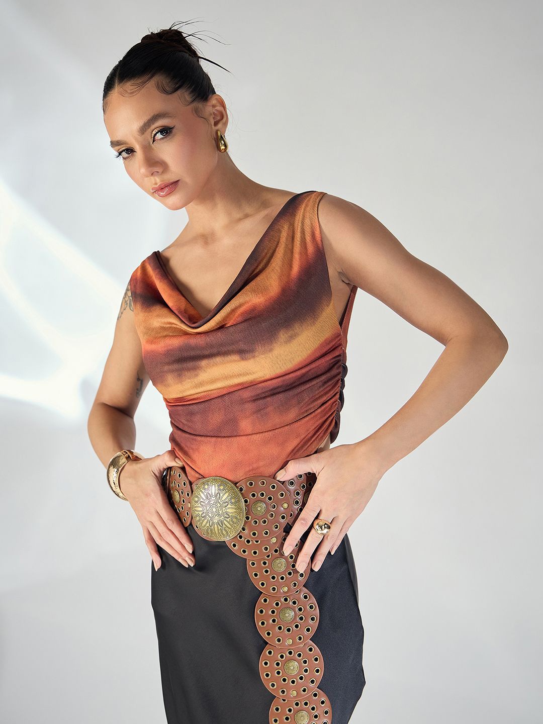 

Uptownie Printed Cotton Stretchable Draped Crop Top, Brown