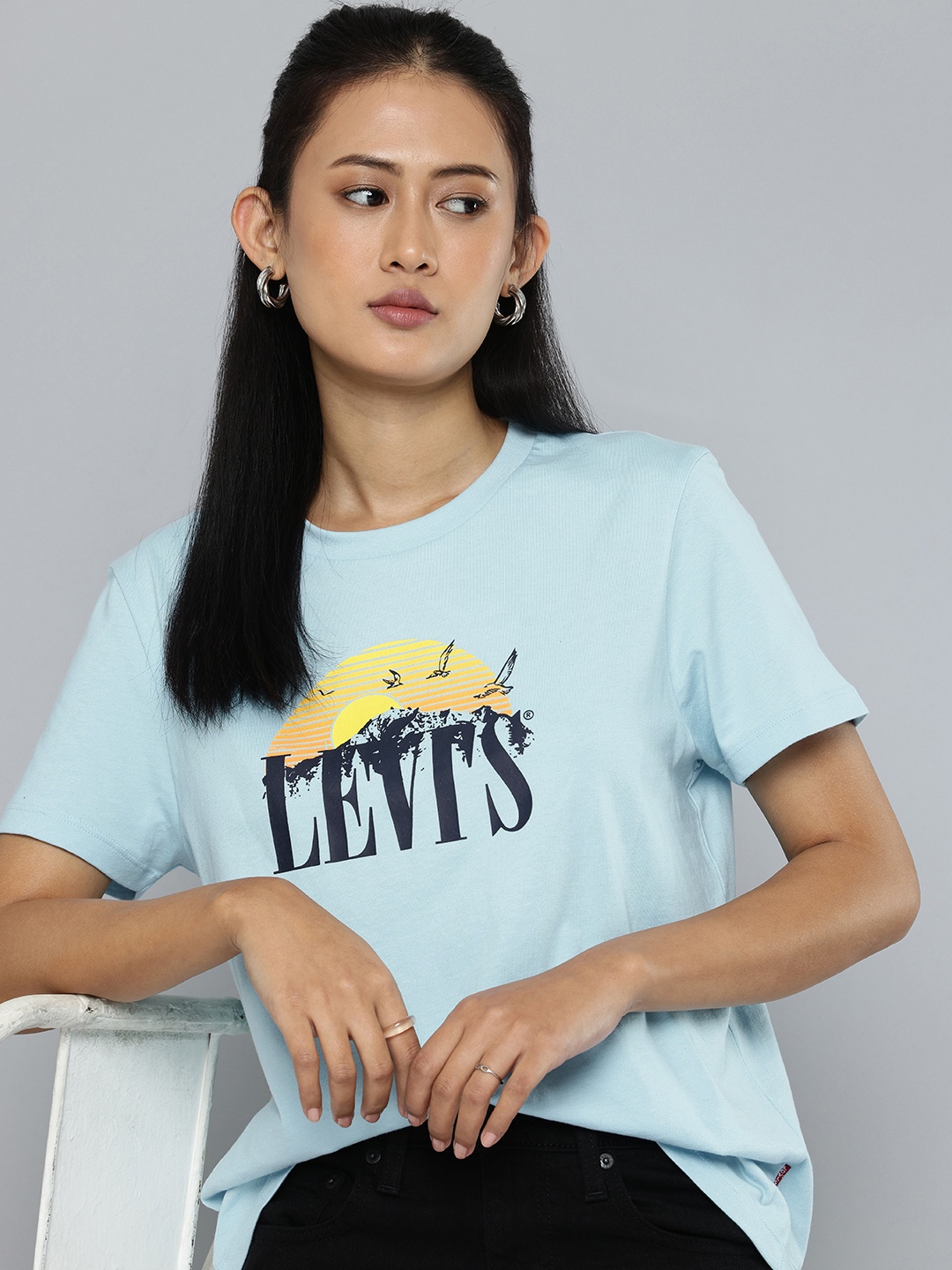 

Levis Pure Cotton Brand Logo Printed Drop-Shoulder Sleeves Relaxed Fit T-shirt, Blue